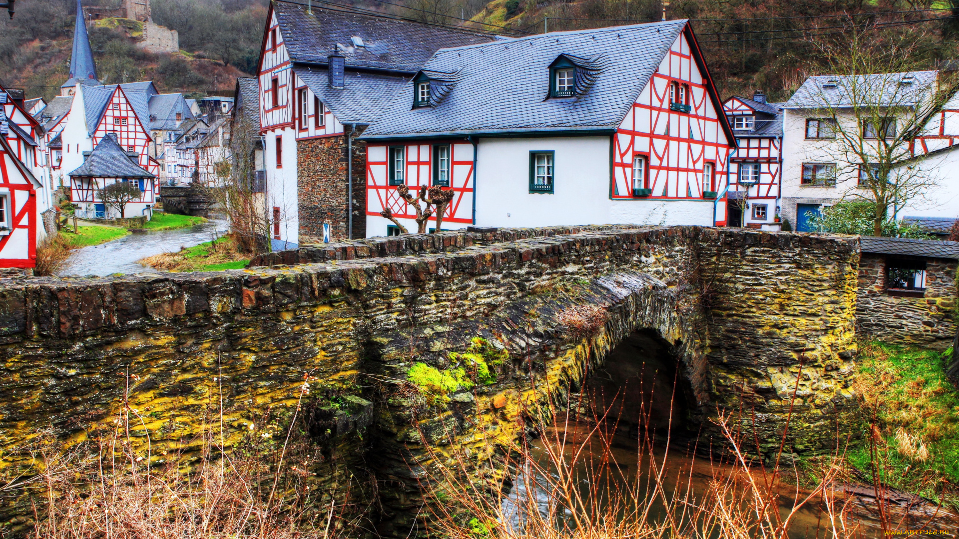 monreal, , германия, города, -, мосты, река, мост, monreal, дома, германия