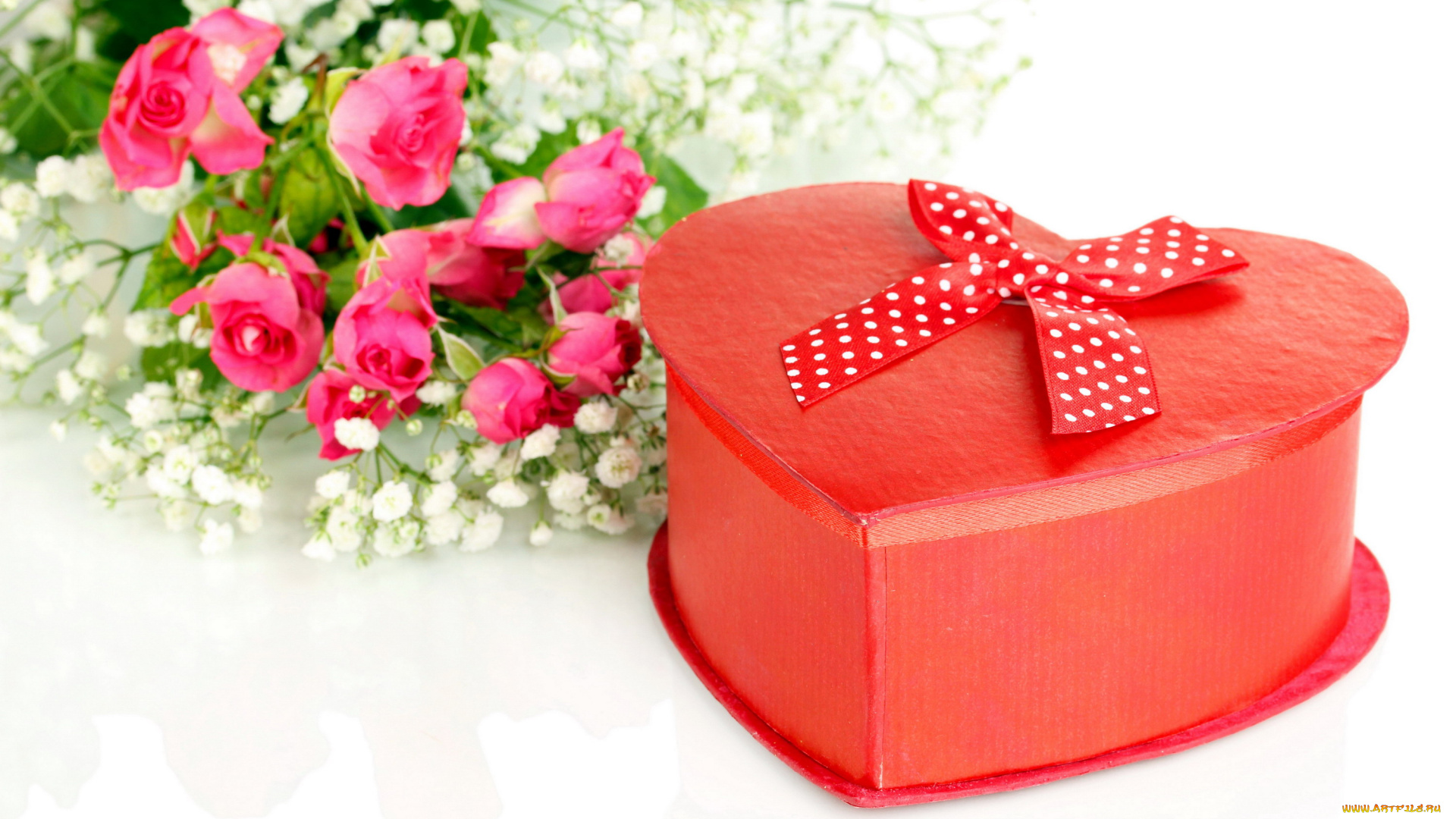 праздничные, день, святого, валентина, , сердечки, , любовь, бант, подарок, гипсофила, цветы, розы, коробка