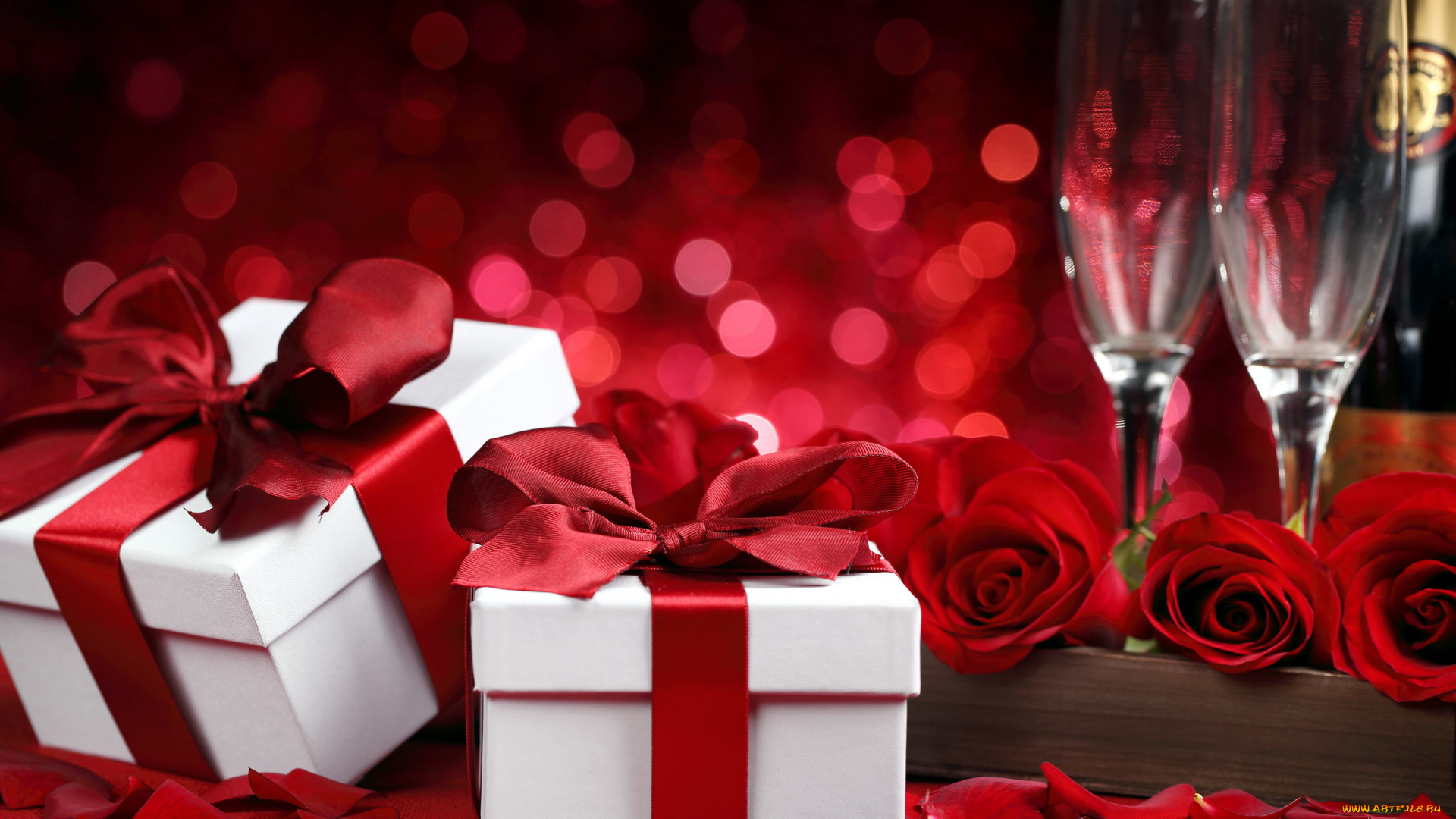 праздничные, подарки, и, коробочки, розы, лепестки, подарки, ленты, банты