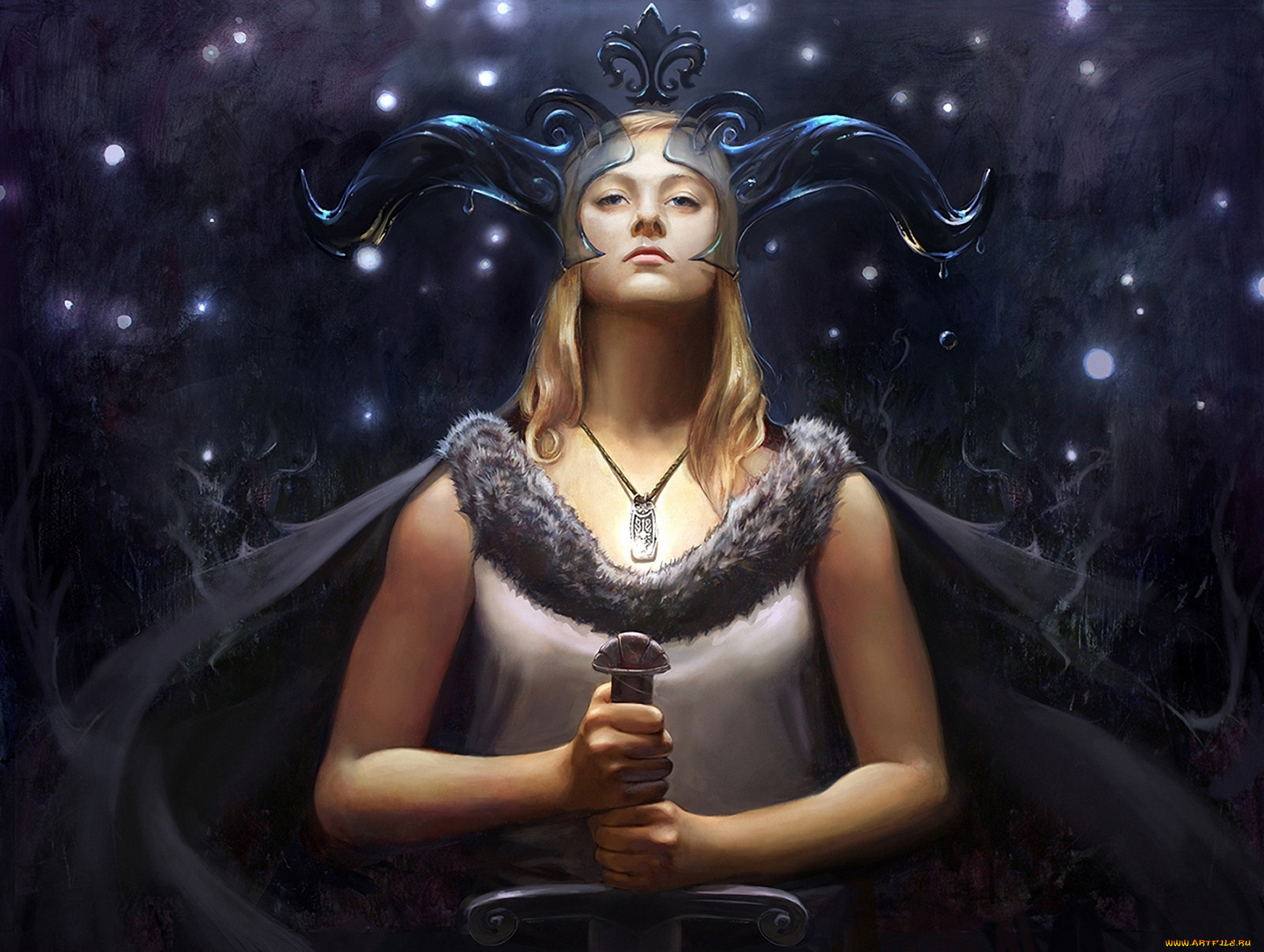 фэнтези, девушки, девушка, меч, кулон, накидка, мех