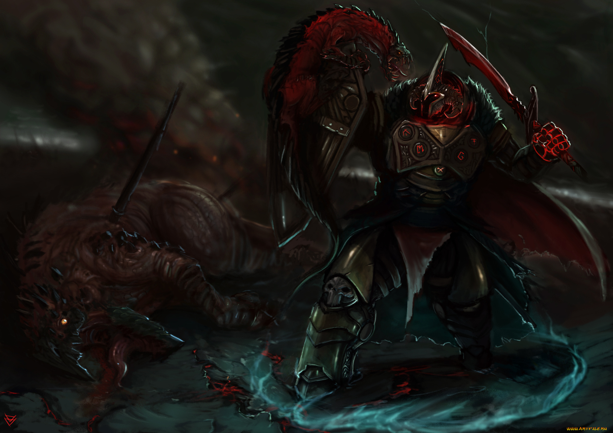 фэнтези, существа, доспехи, схватка, меч, монстры, воин