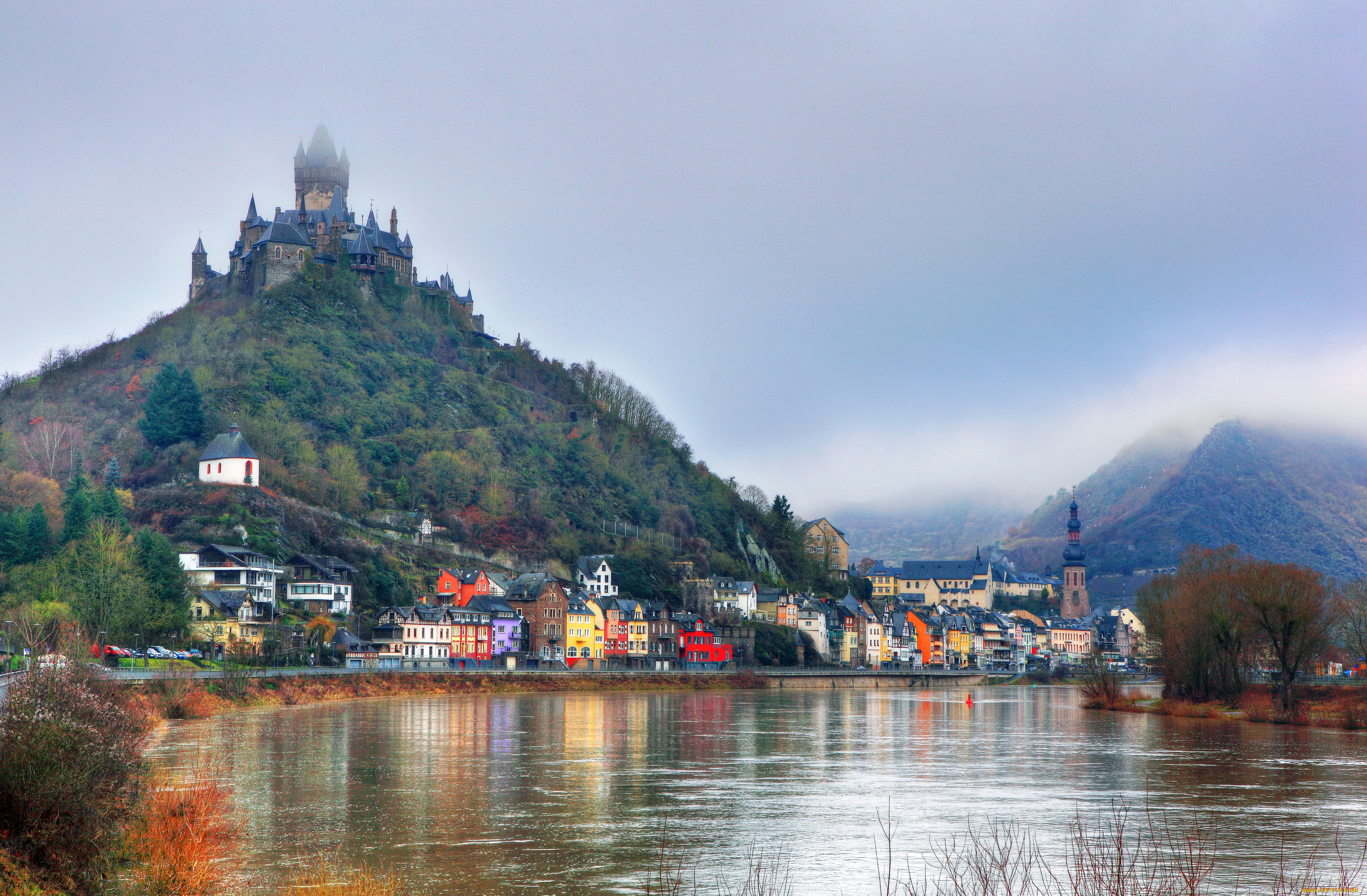 города, кохем, , германия, пейзаж, река, дома, замок, cochem