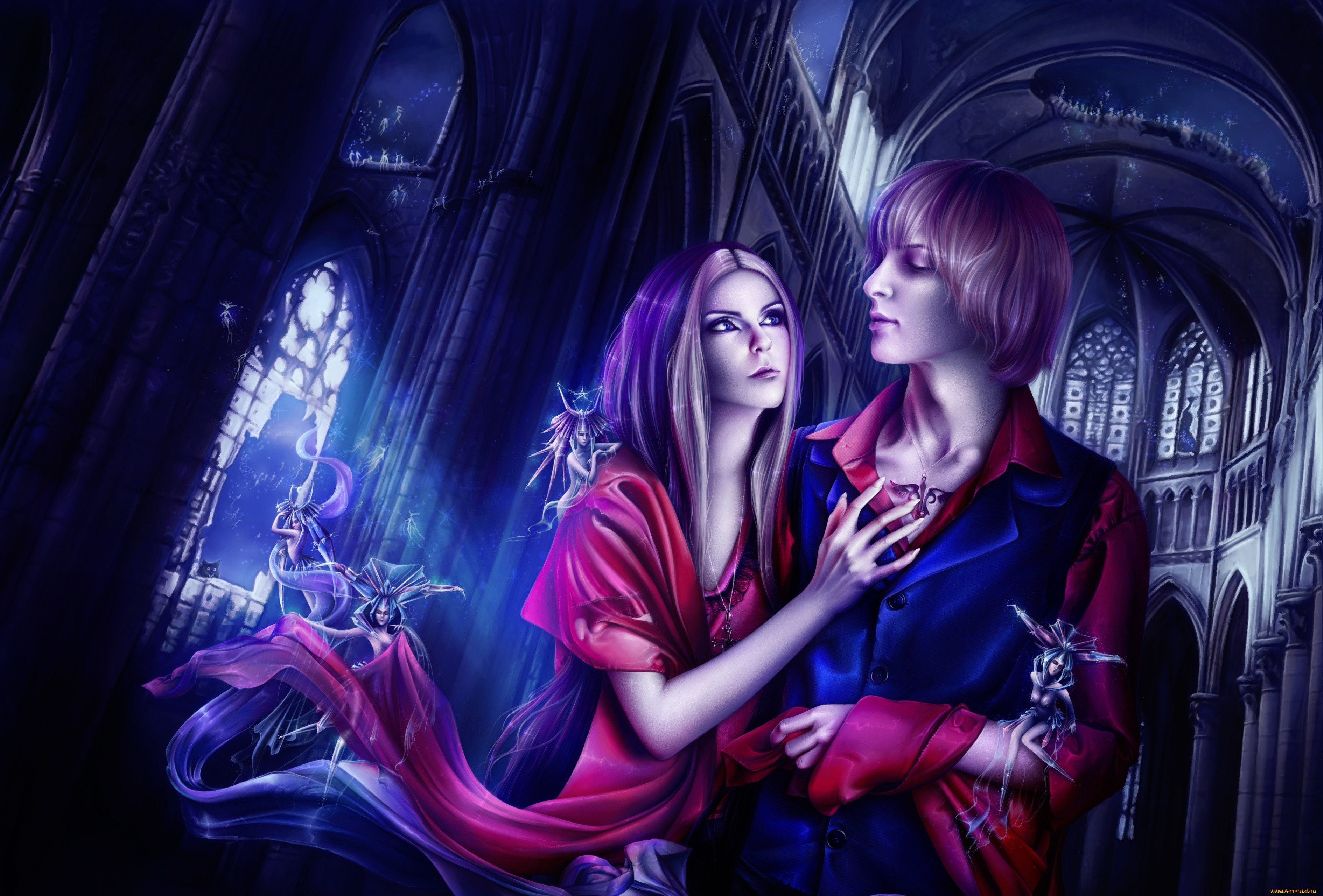 фэнтези, люди, собор, парень, девушка, готика, феи