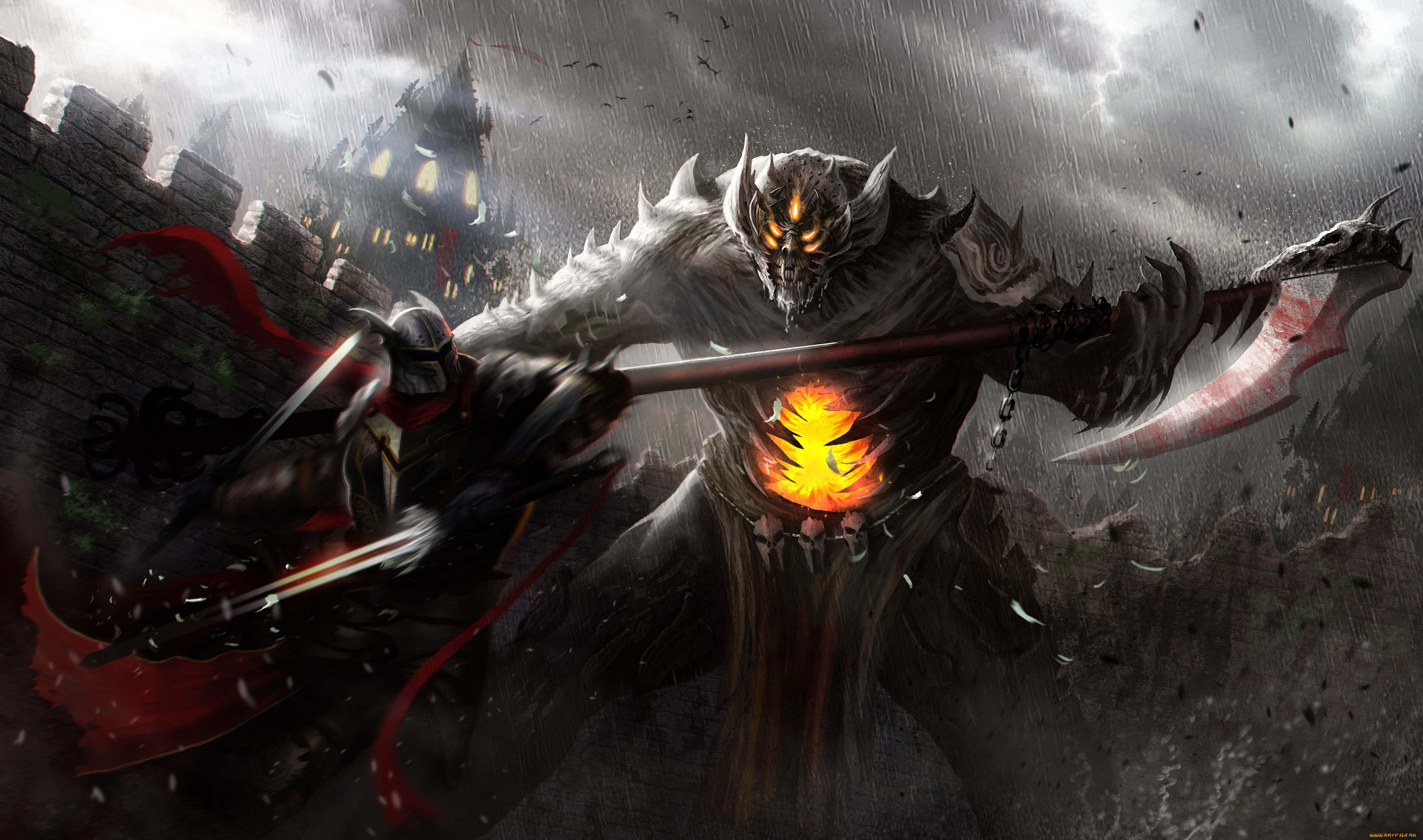 фэнтези, демоны, рыцарь, крепость, коса, демон, схватка, мечи