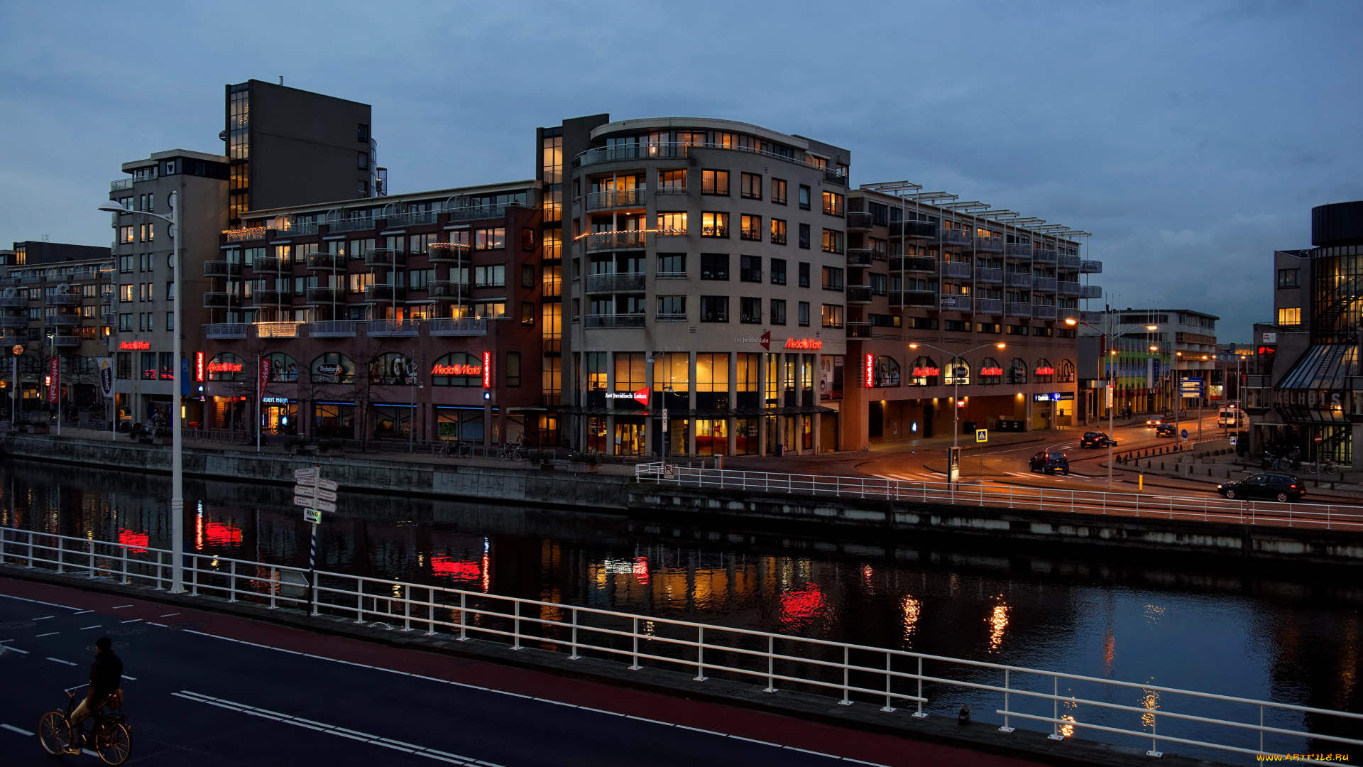 alkmaar, нидерланды, города, -, огни, ночного, города, река, дома, нидерланды, alkmaar, ночь