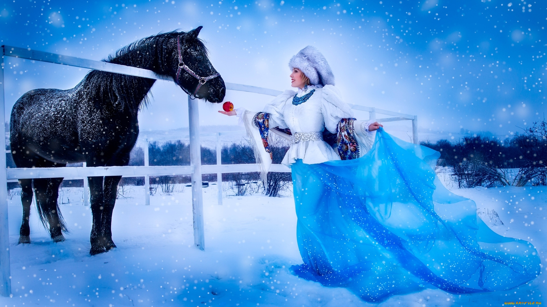 девушки, -unsort, , снегурочки, лошадь, девушка, шапка, платье, яблоко, платок, снег