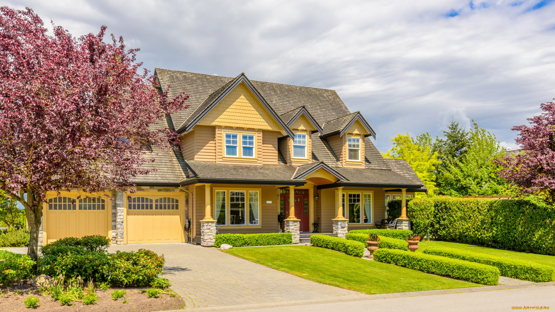 города, -, здания, , дома, ландшафт, улица, дом, особняк, деревья, газон