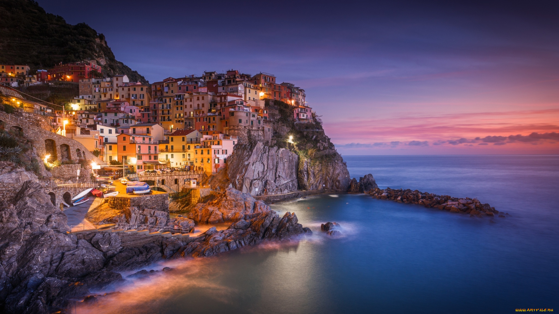 города, амальфийское, и, лигурийское, побережье, , италия, вечер, выдержка, море, огни, скалы, дома, закат, регион, лигурия, провинция, специя, город, манарола