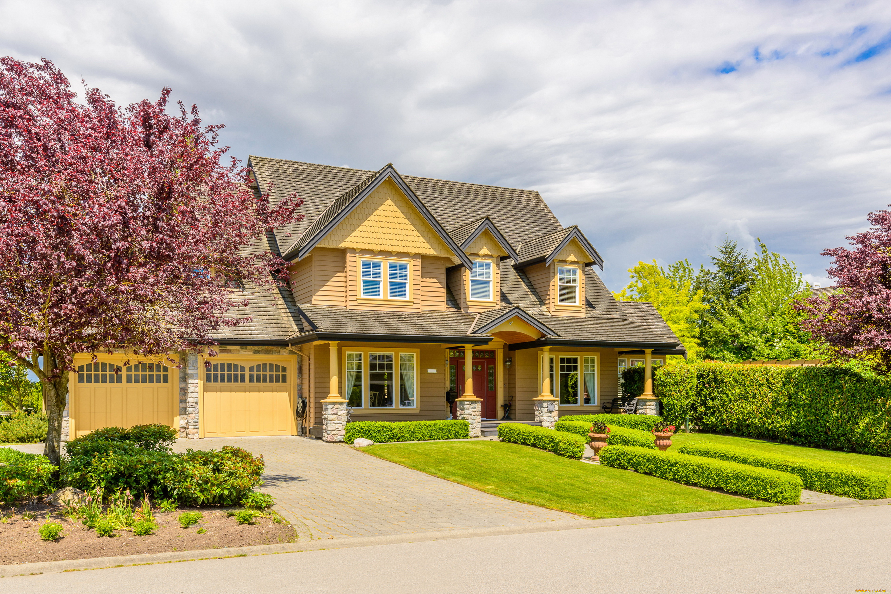 города, -, здания, , дома, ландшафт, улица, дом, особняк, деревья, газон