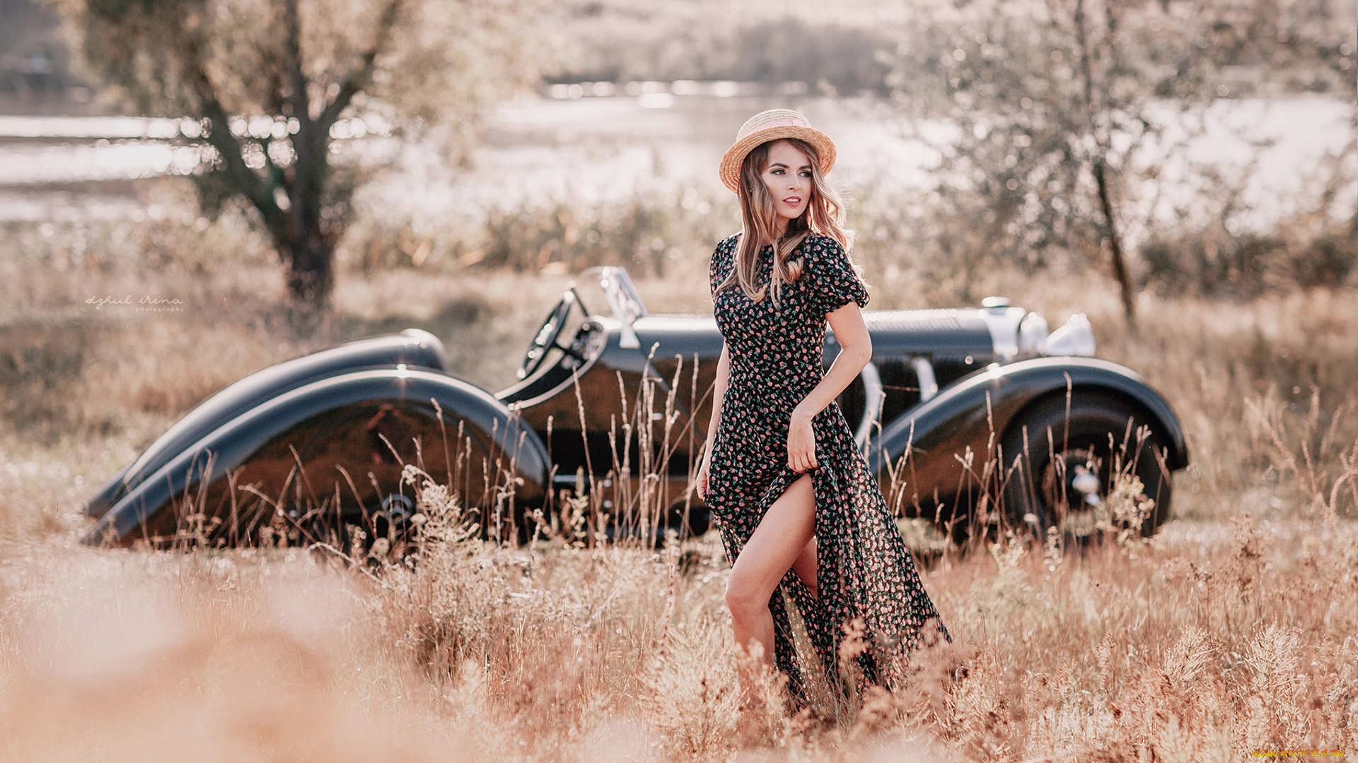 автомобили, -авто, с, девушками, авто, ретро, девушка, платье, шляпа