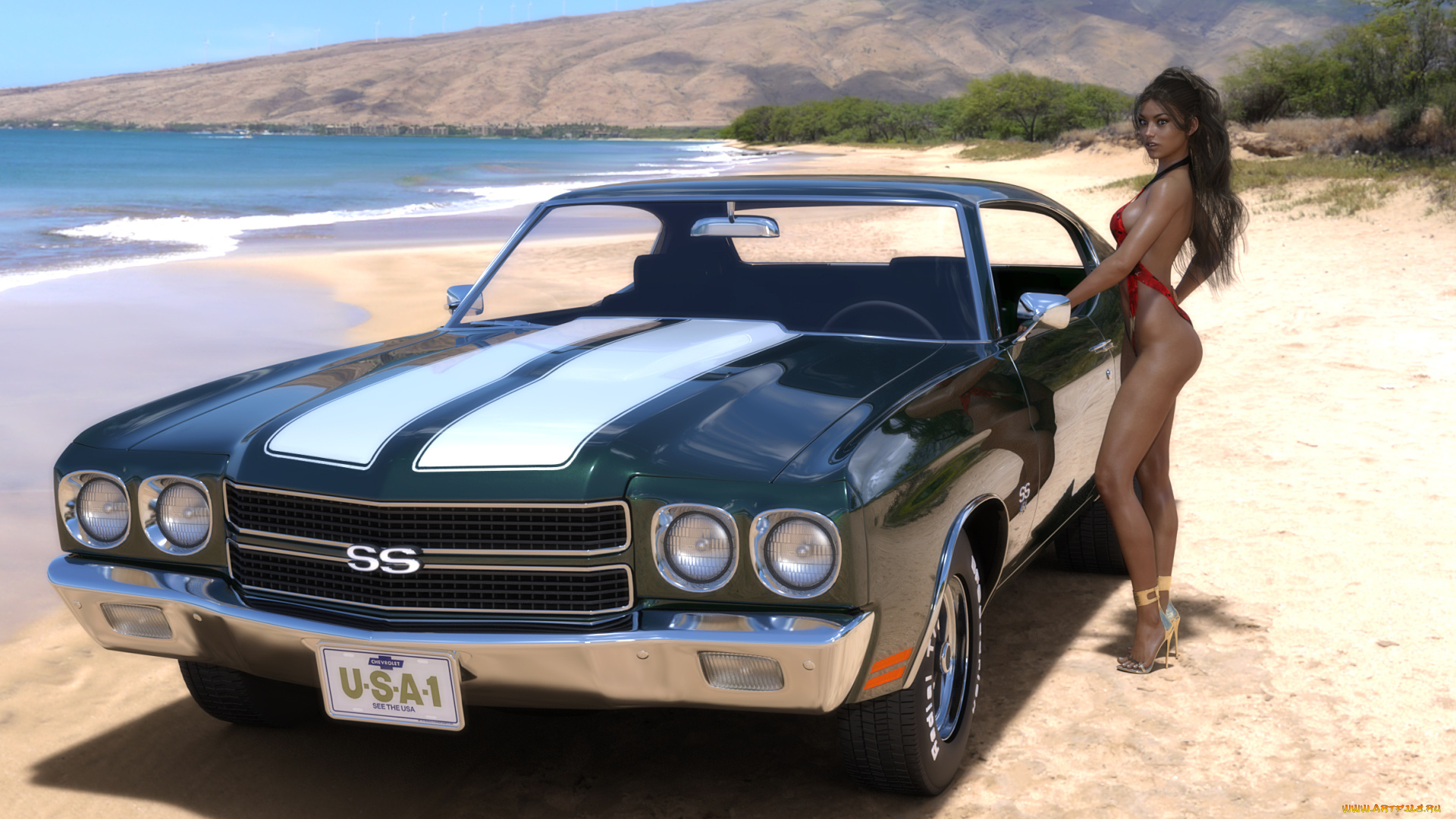 автомобили, 3d, car&girl, автомобиль, фон, взгляд, девушка