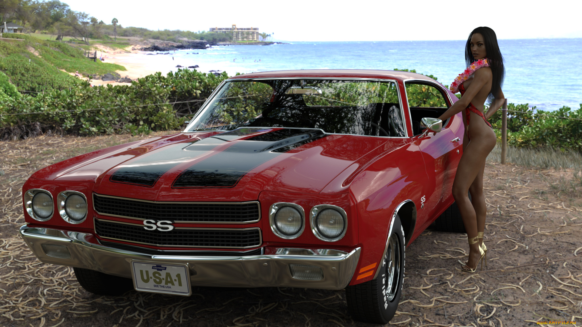 автомобили, 3d, car&girl, автомобиль, фон, взгляд, девушка