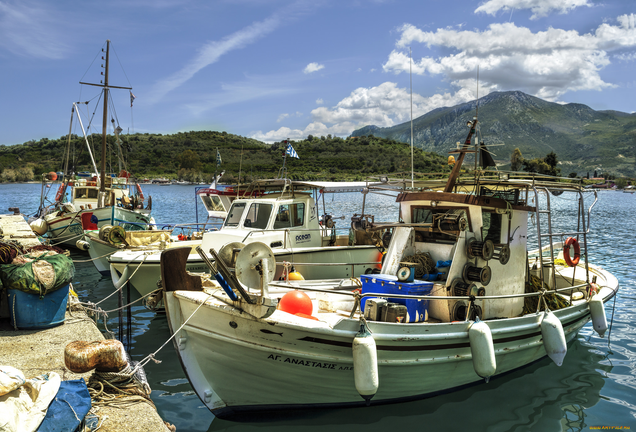 корабли, баркасы, , , буксиры, река, лес