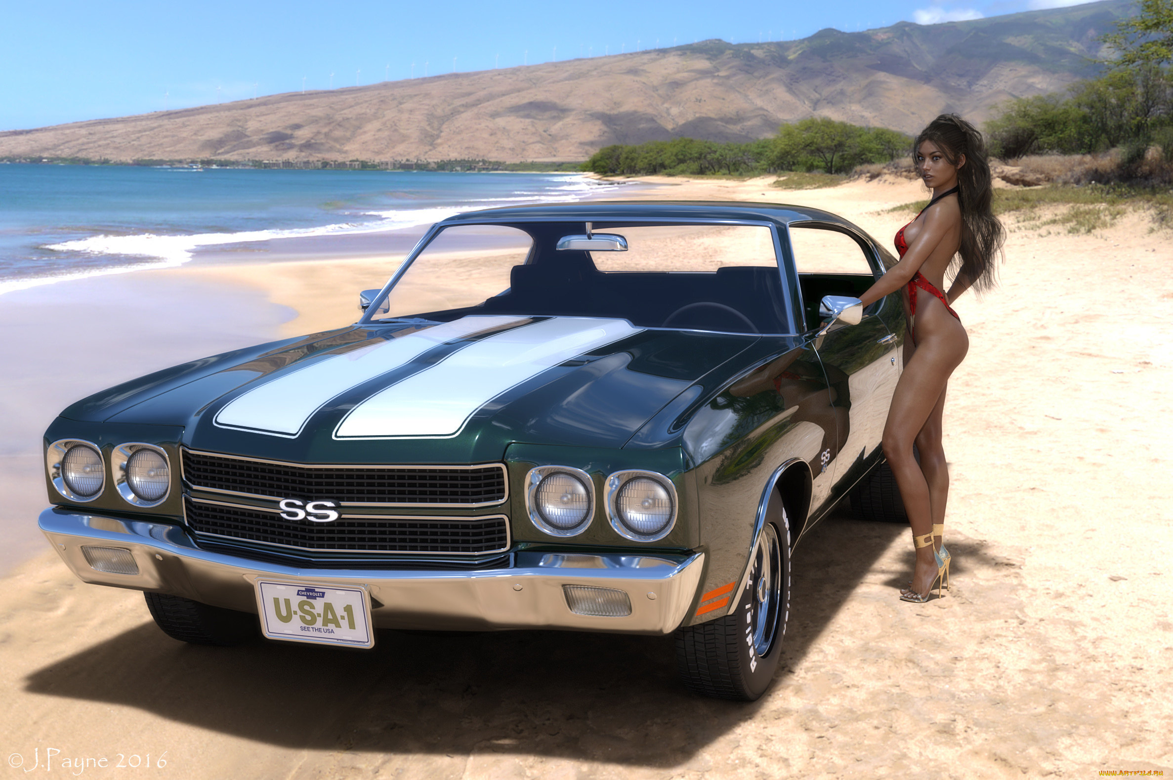 автомобили, 3d, car&girl, автомобиль, фон, взгляд, девушка