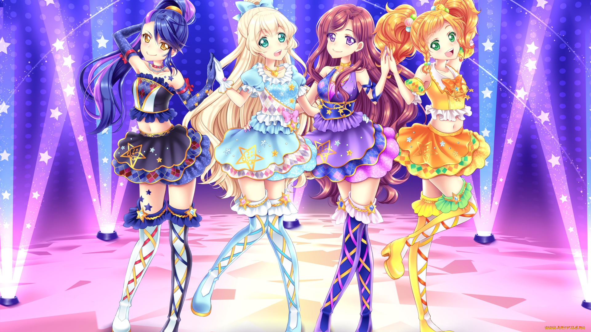 аниме, aikatsu, взгляд, девушки, фон