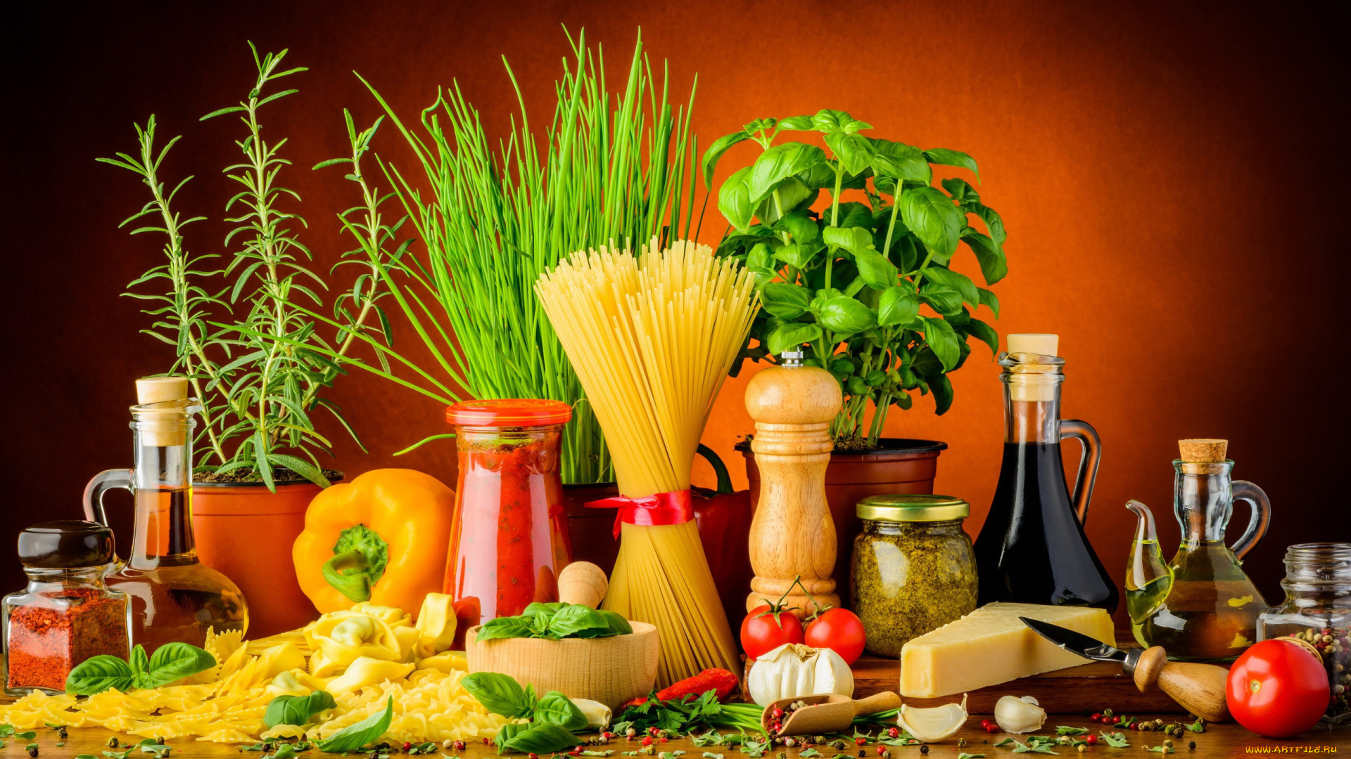 еда, разное, макароны, спагетти, базилик, перец, масло, сыр, помидоры, уксус