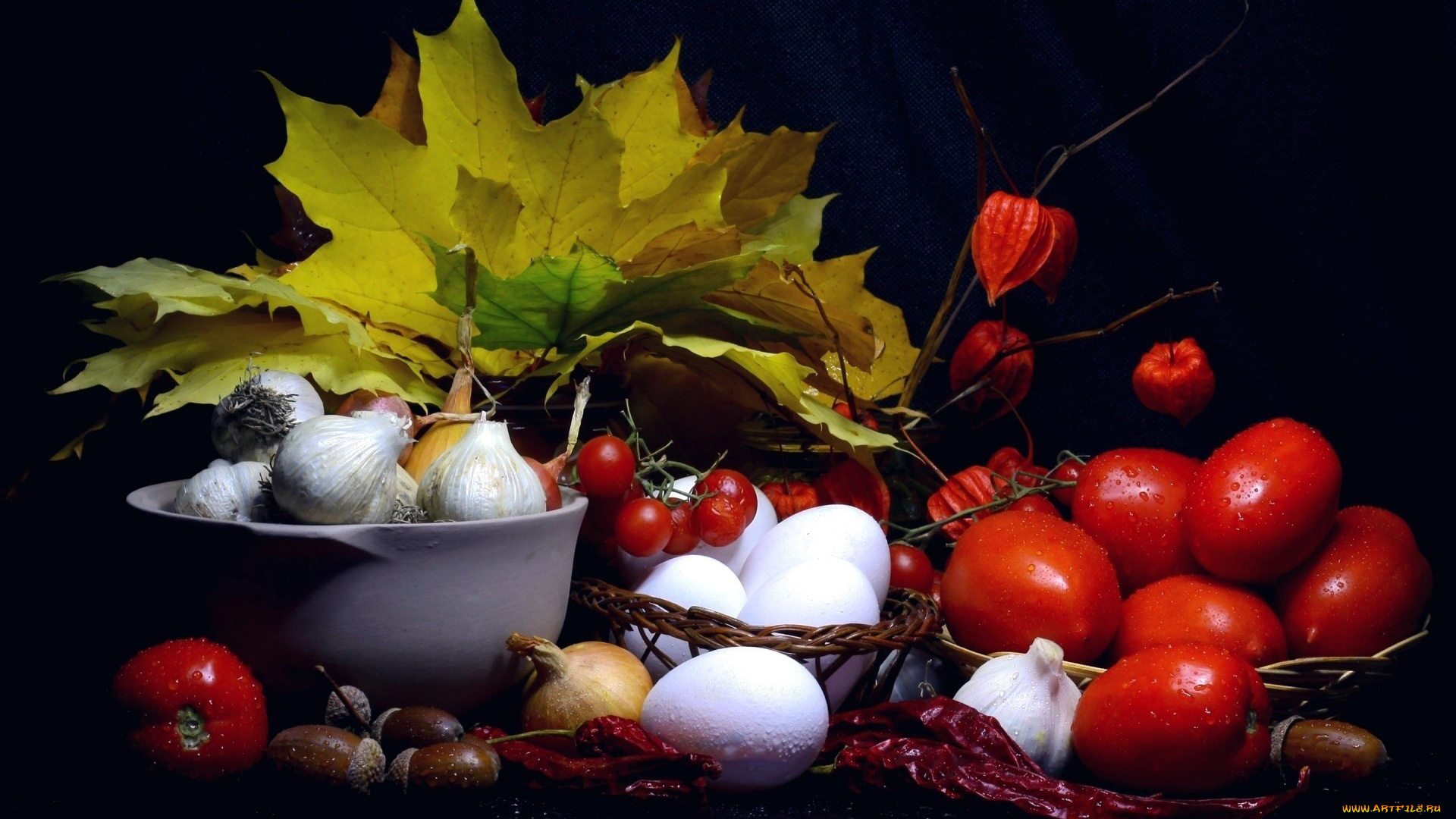 еда, разное, помидоры, яйца, чеснок, листья, томаты