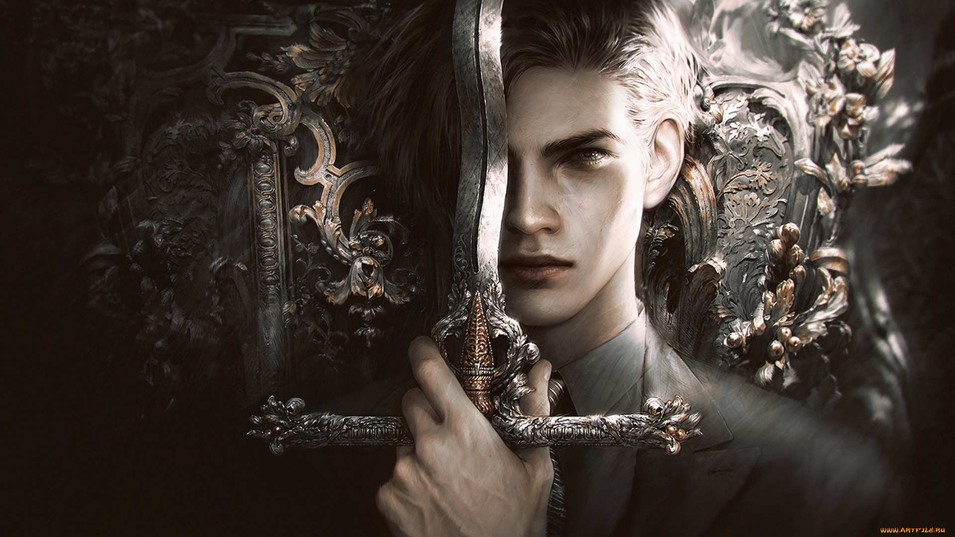 фэнтези, люди, прическа, арт, меч, мужчина, лицо, костюм