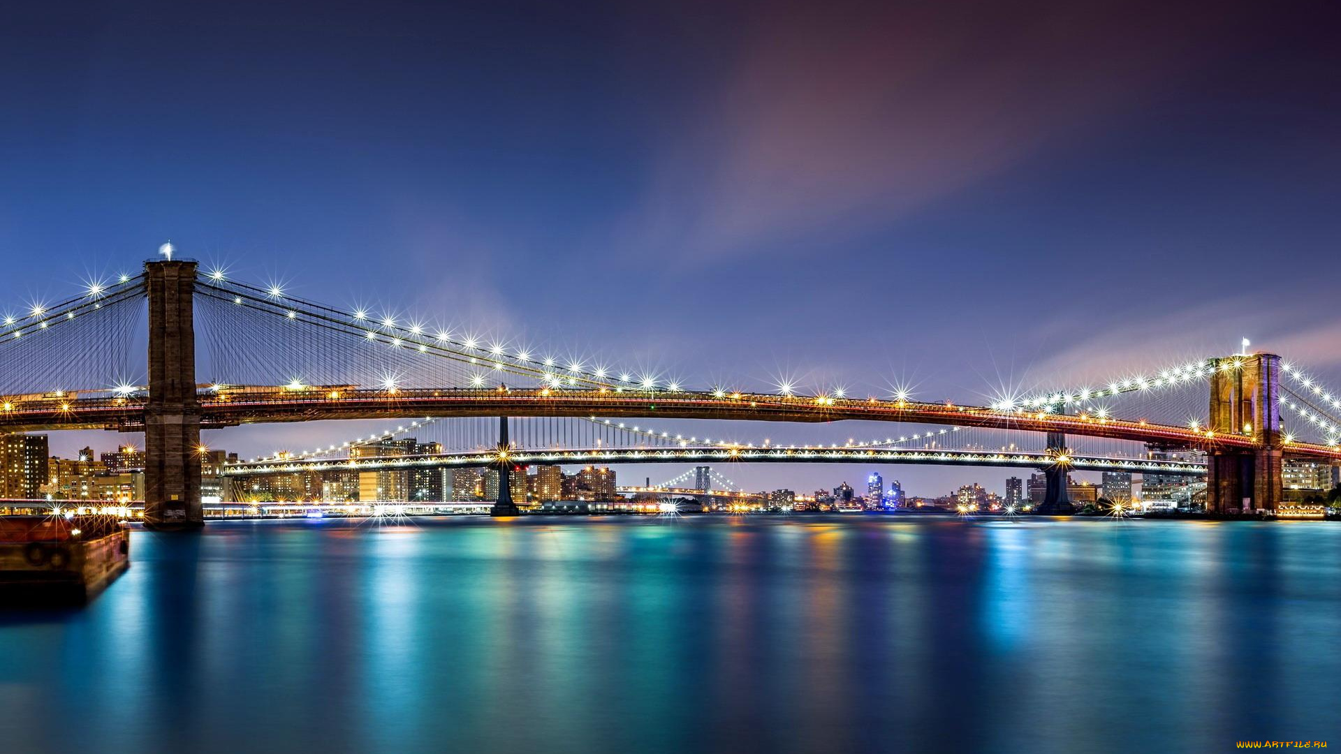 города, нью-йорк, , сша, манхэттен, огни, река, бруклинский, мост