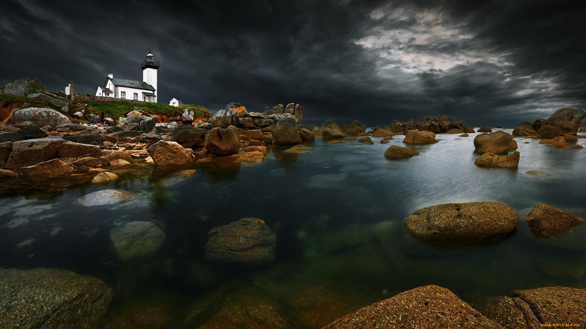 природа, маяки, море, камни, ночь, маяк