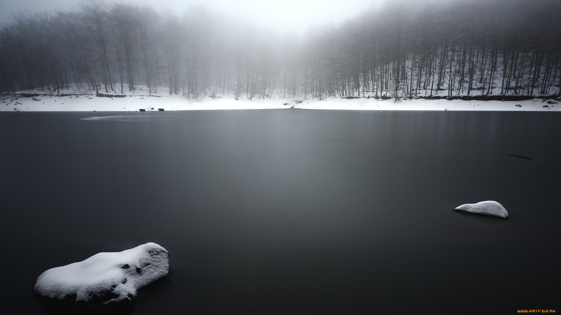 природа, реки, озера, озеро, лес, туман, снег