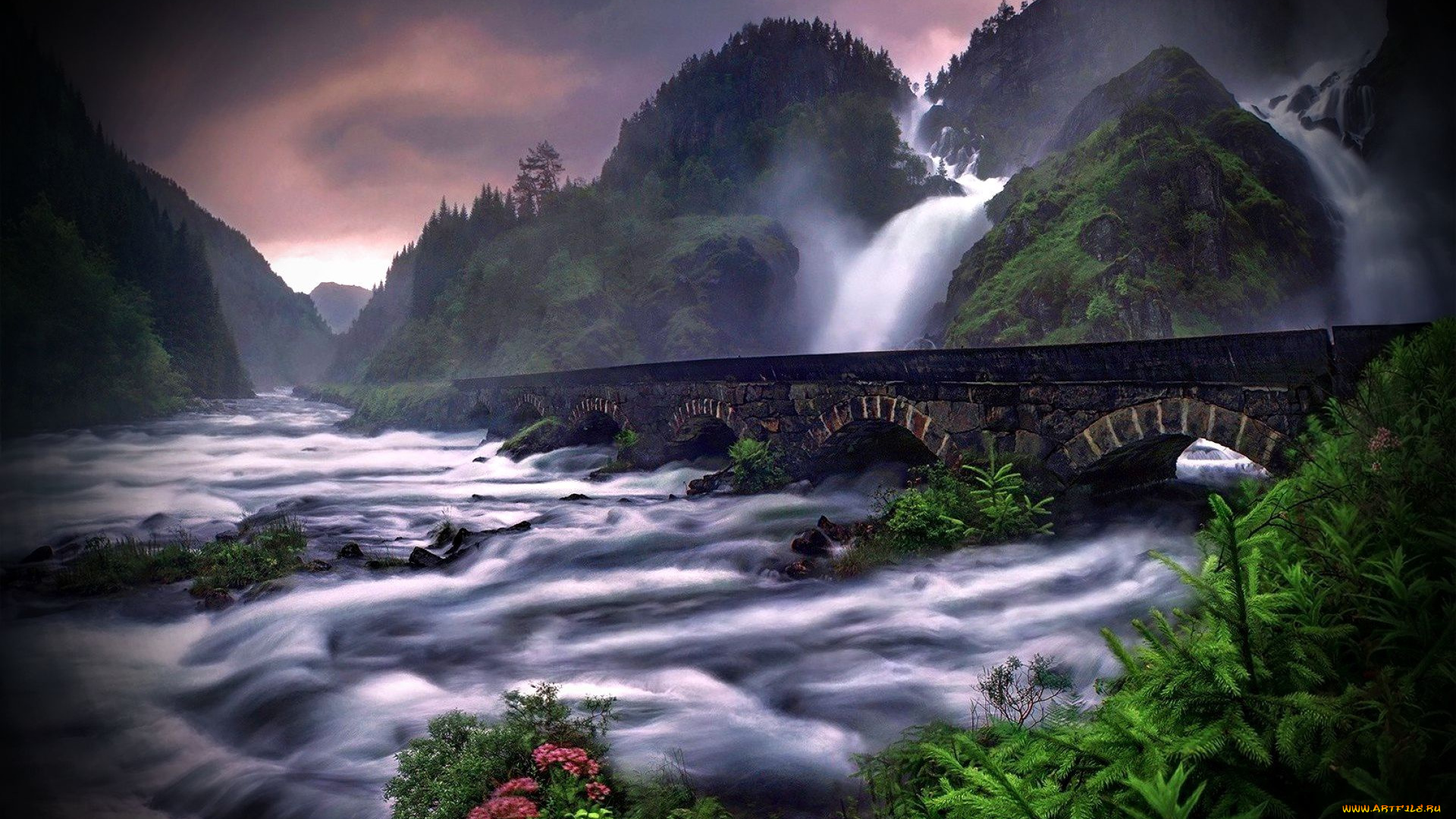 природа, водопады, горы, река, мост