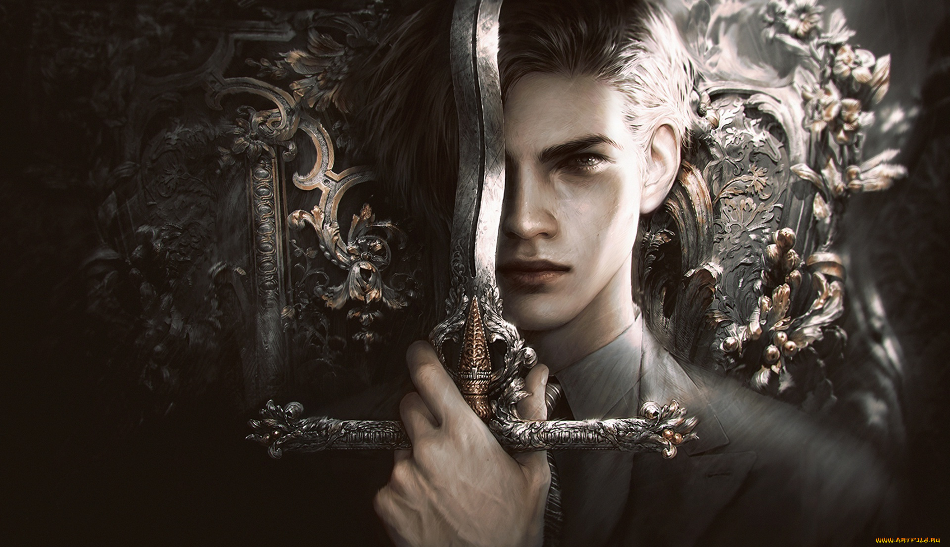 фэнтези, люди, прическа, арт, меч, мужчина, лицо, костюм