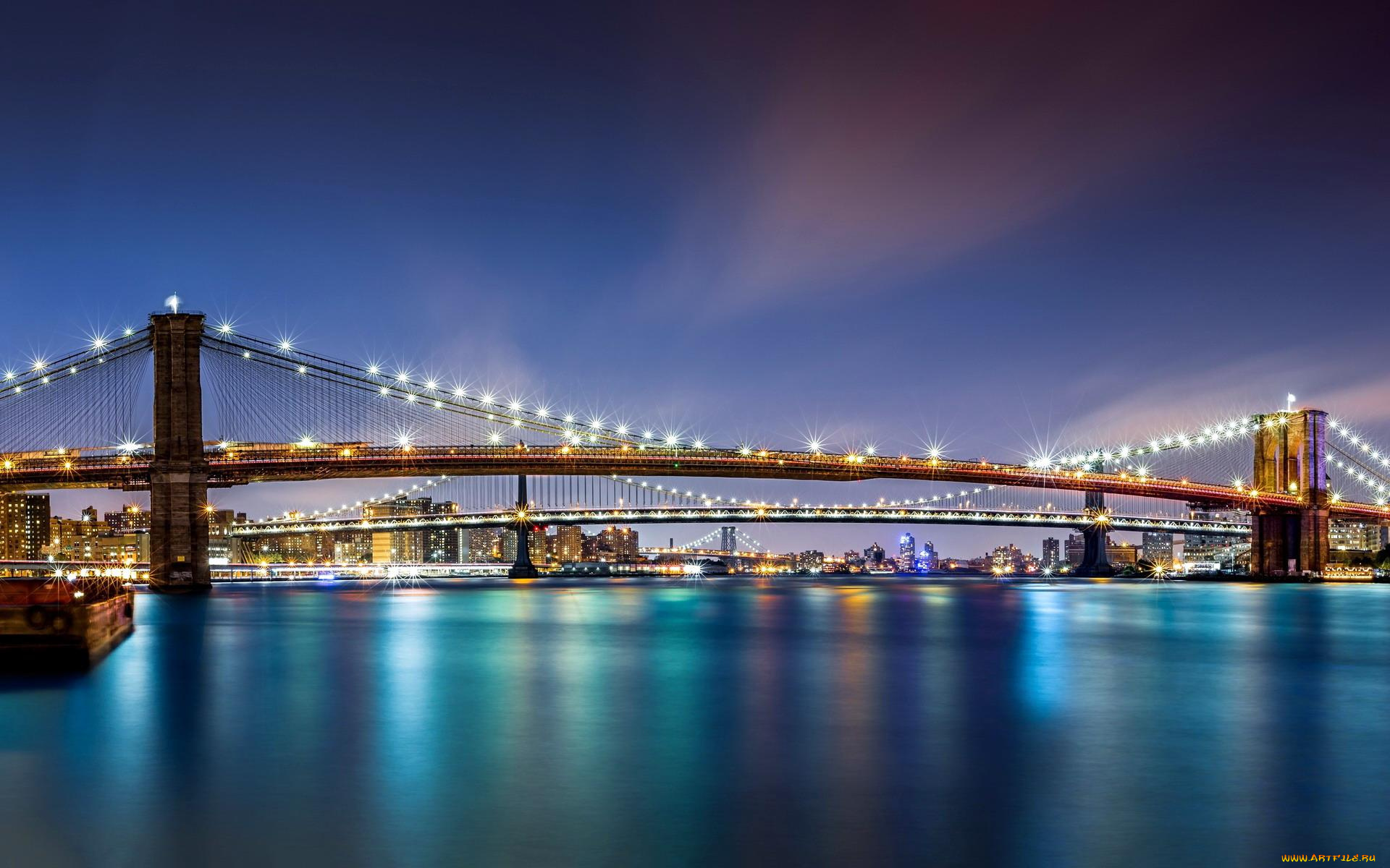 города, нью-йорк, , сша, манхэттен, огни, река, бруклинский, мост