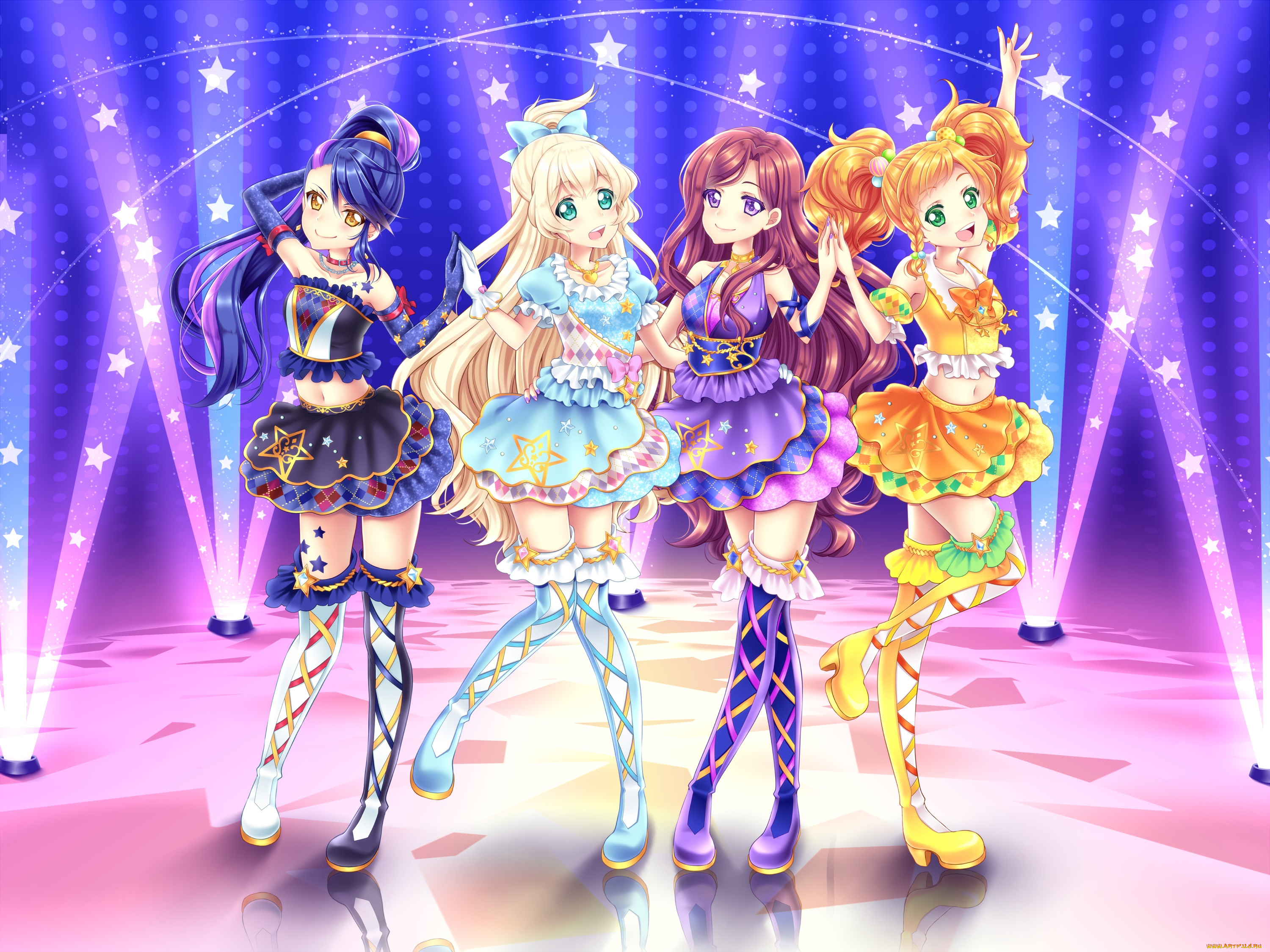 аниме, aikatsu, взгляд, девушки, фон