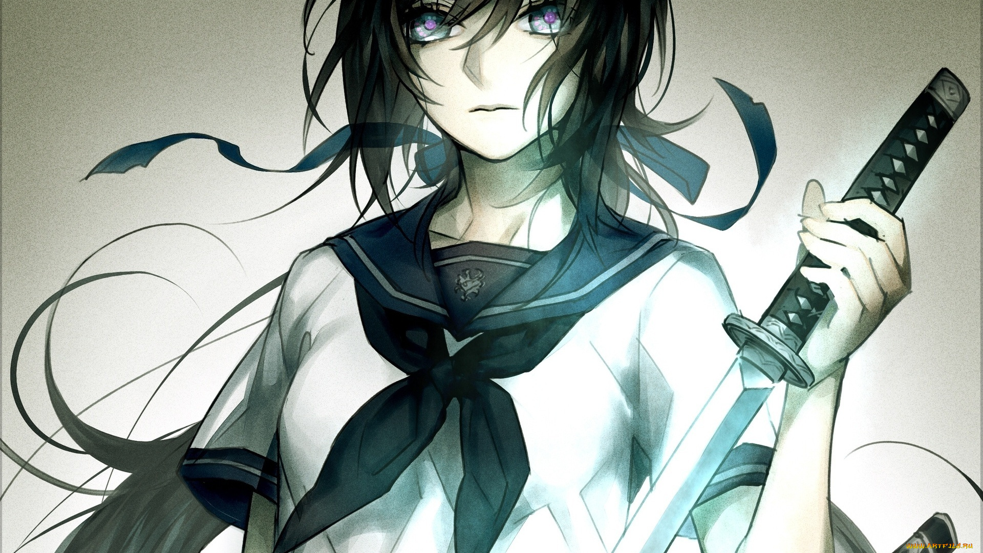 аниме, оружие, , техника, , технологии, воротник, галстук, катана, костюм, лента, девушка