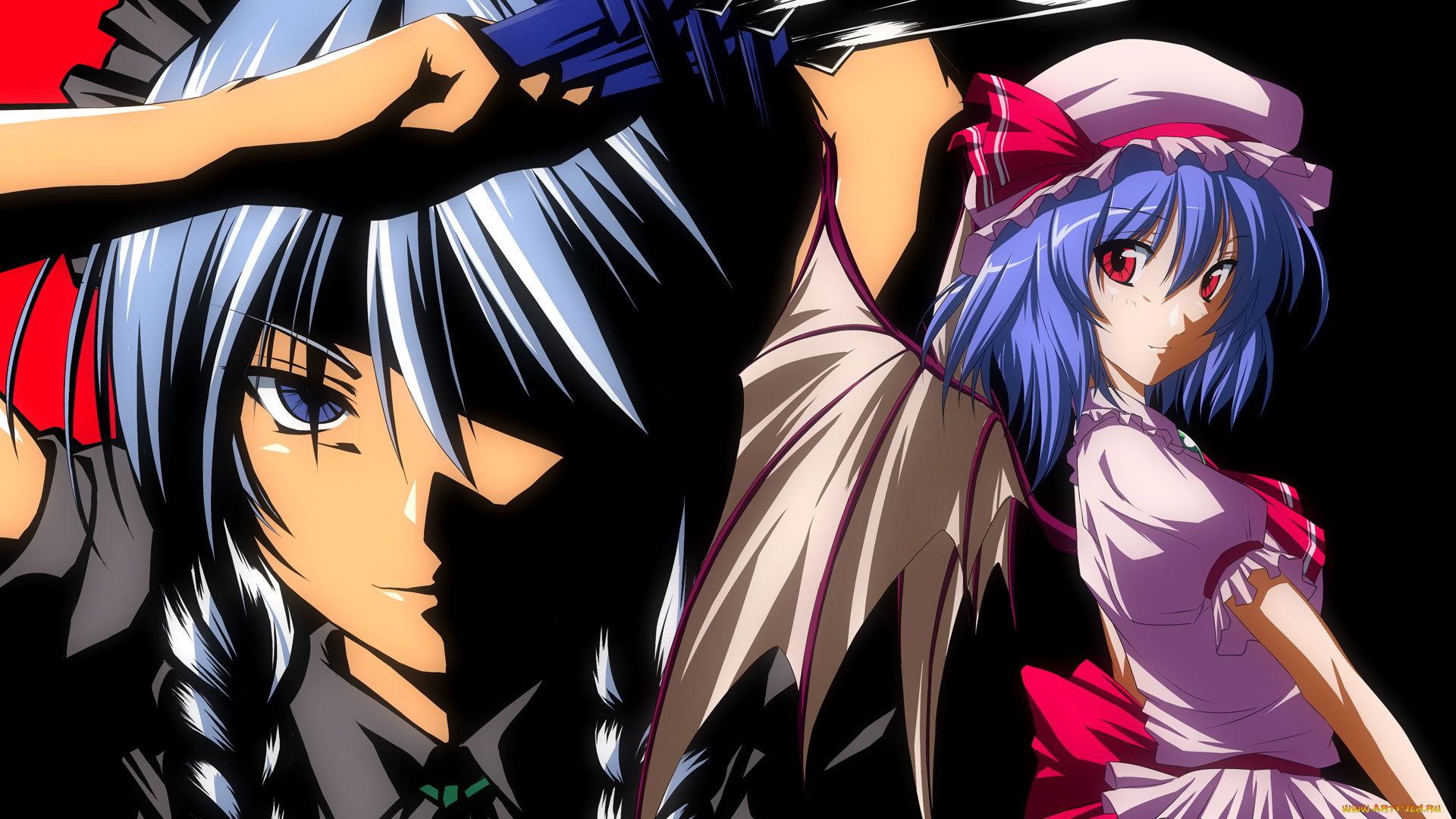 аниме, touhou, взгляд, косы, крылья, девушки