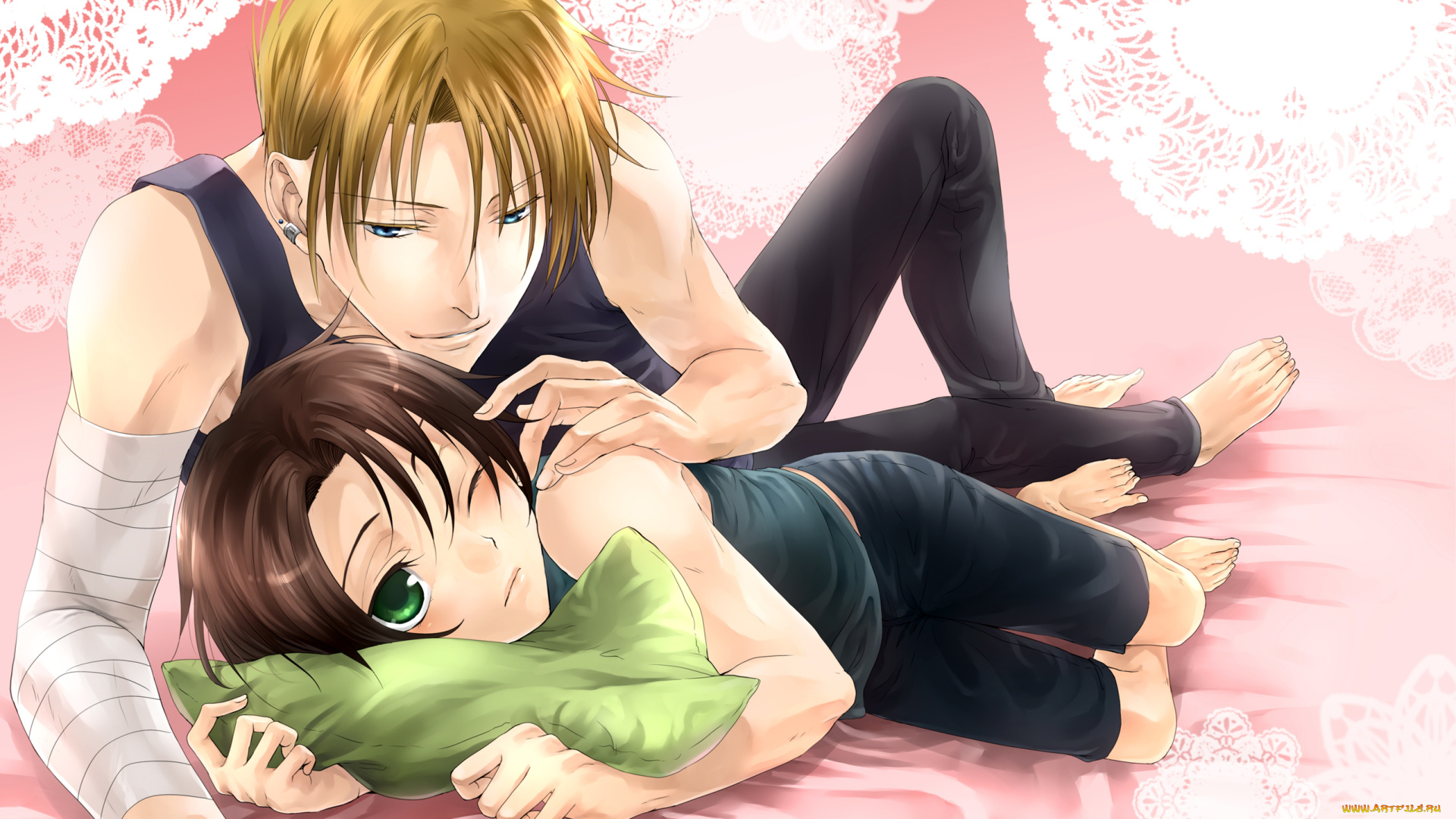 аниме, unknown, , другое, , кружева, подушка, мальчик, парень