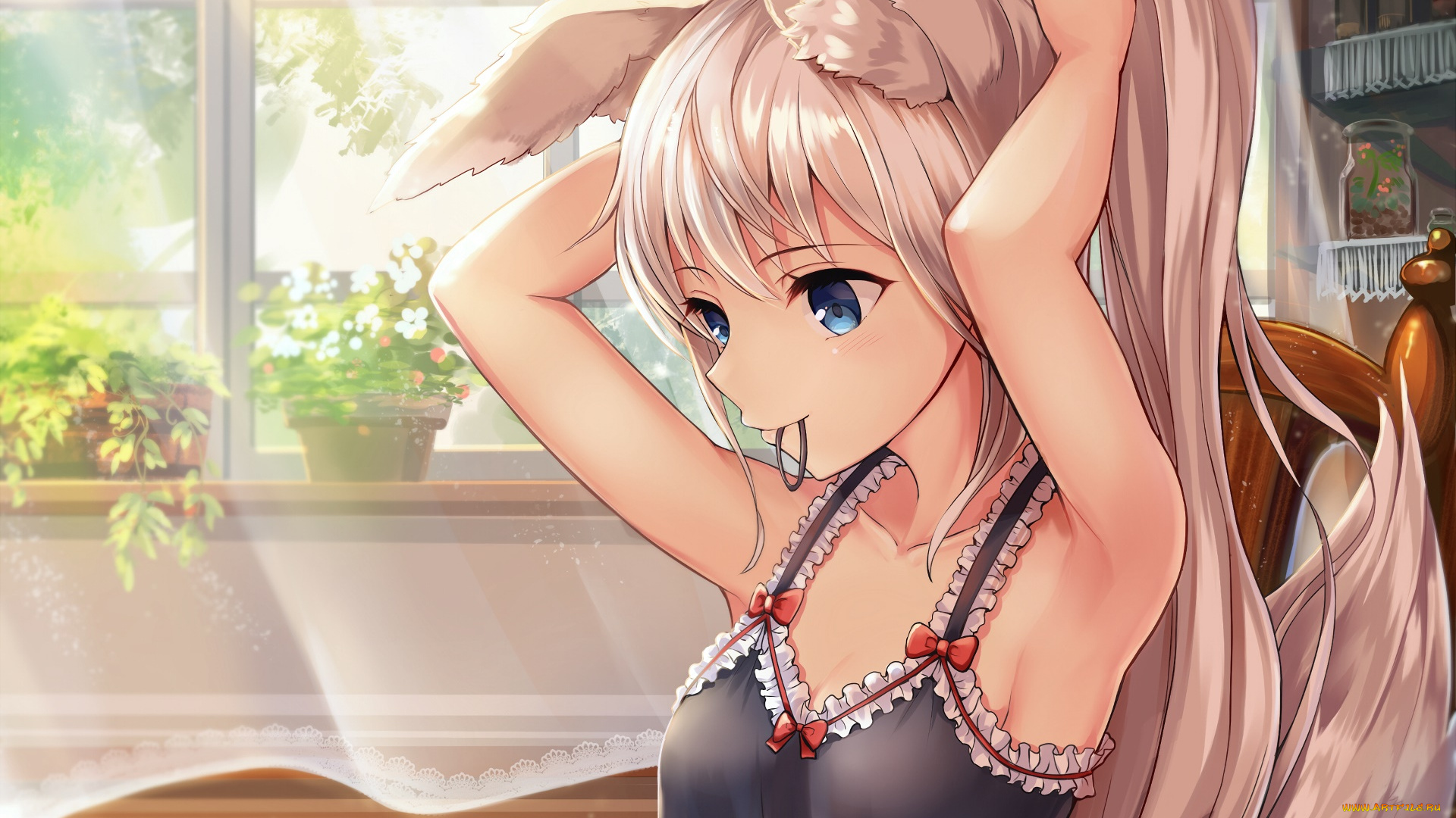 аниме, животные, , существа, девушка, взгляд, фон