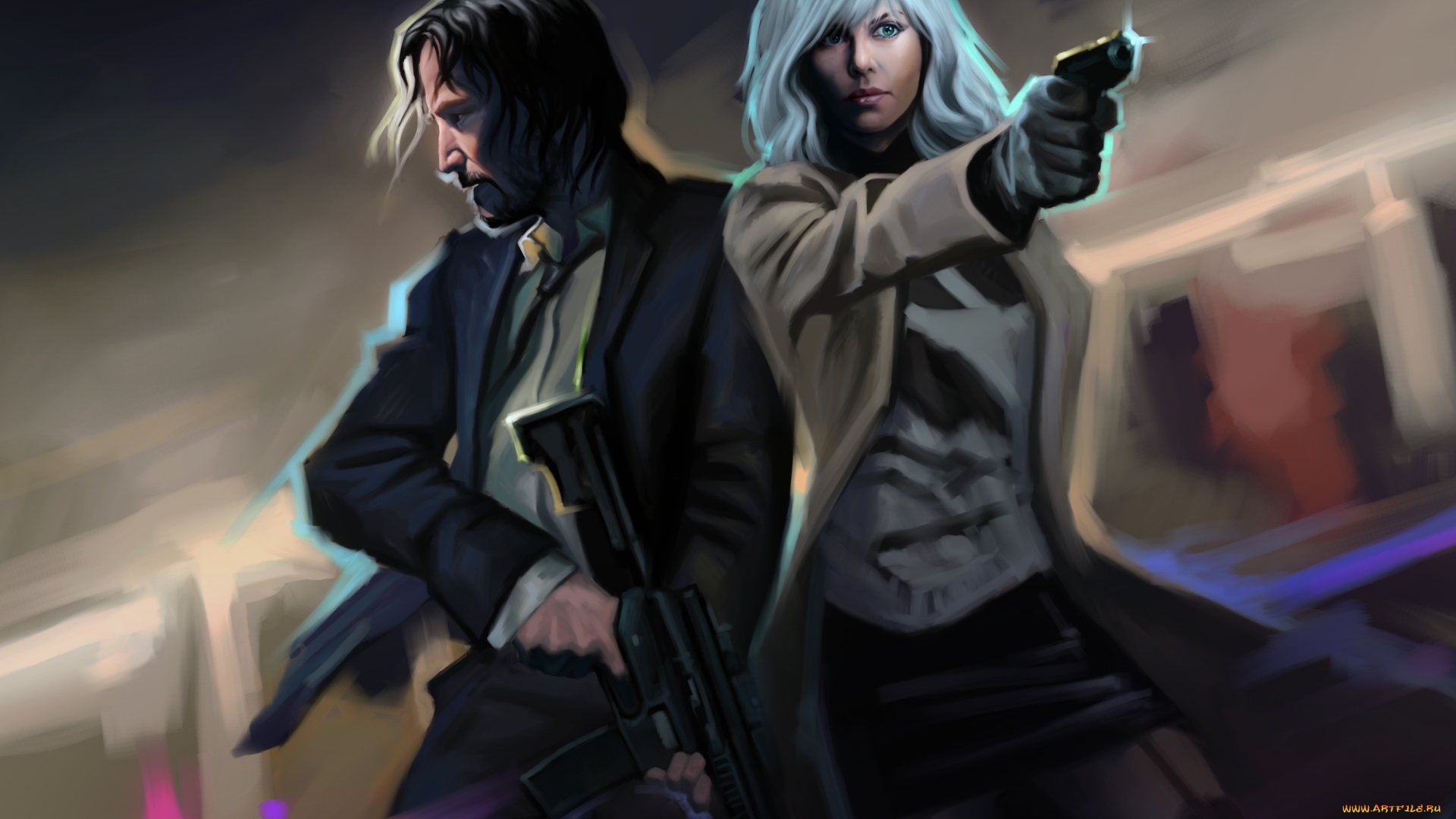 рисованное, кино, девушка, мужчина, оружие, фон