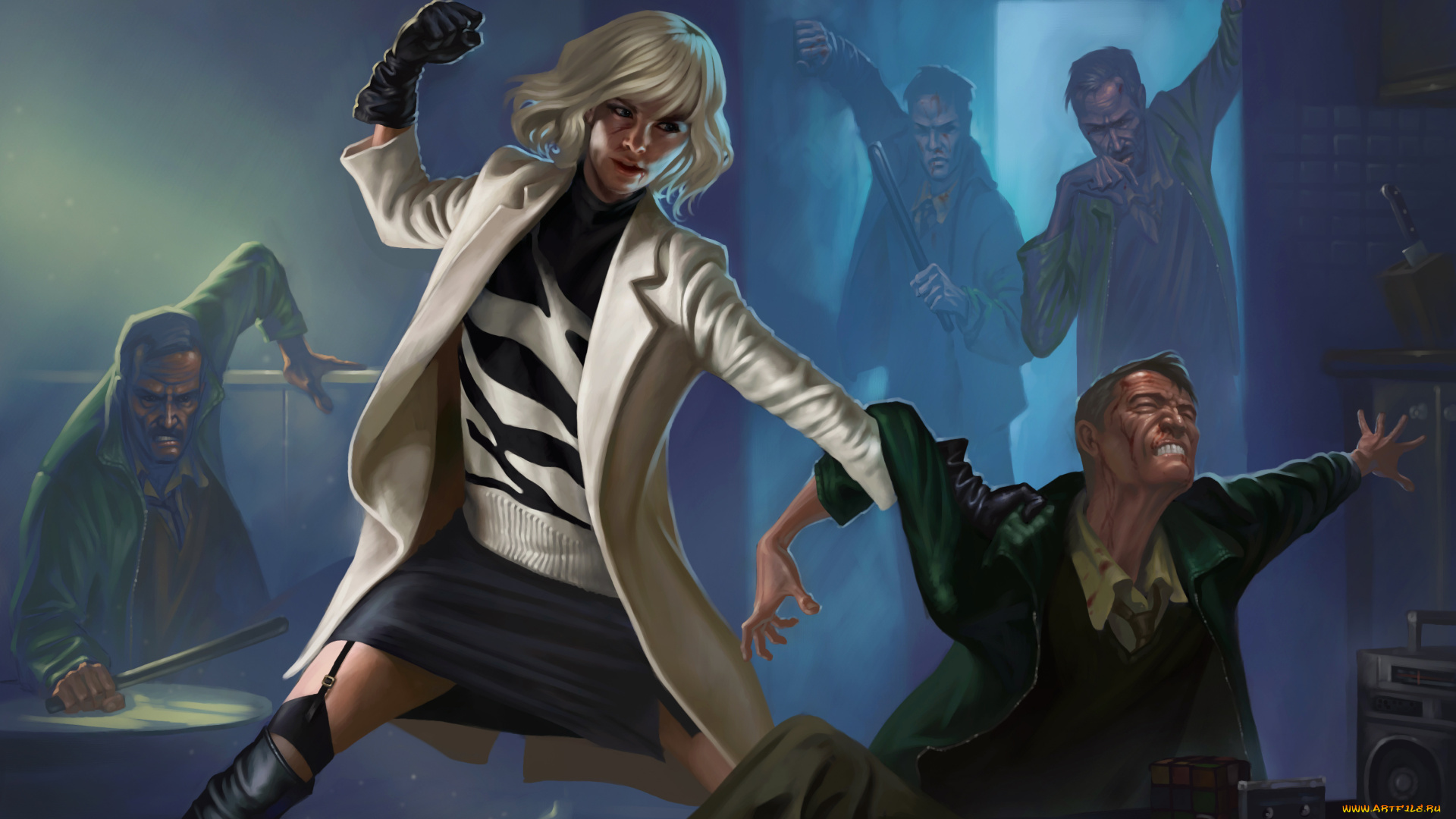 рисованное, комиксы, фон, драка, мужчины, девушка