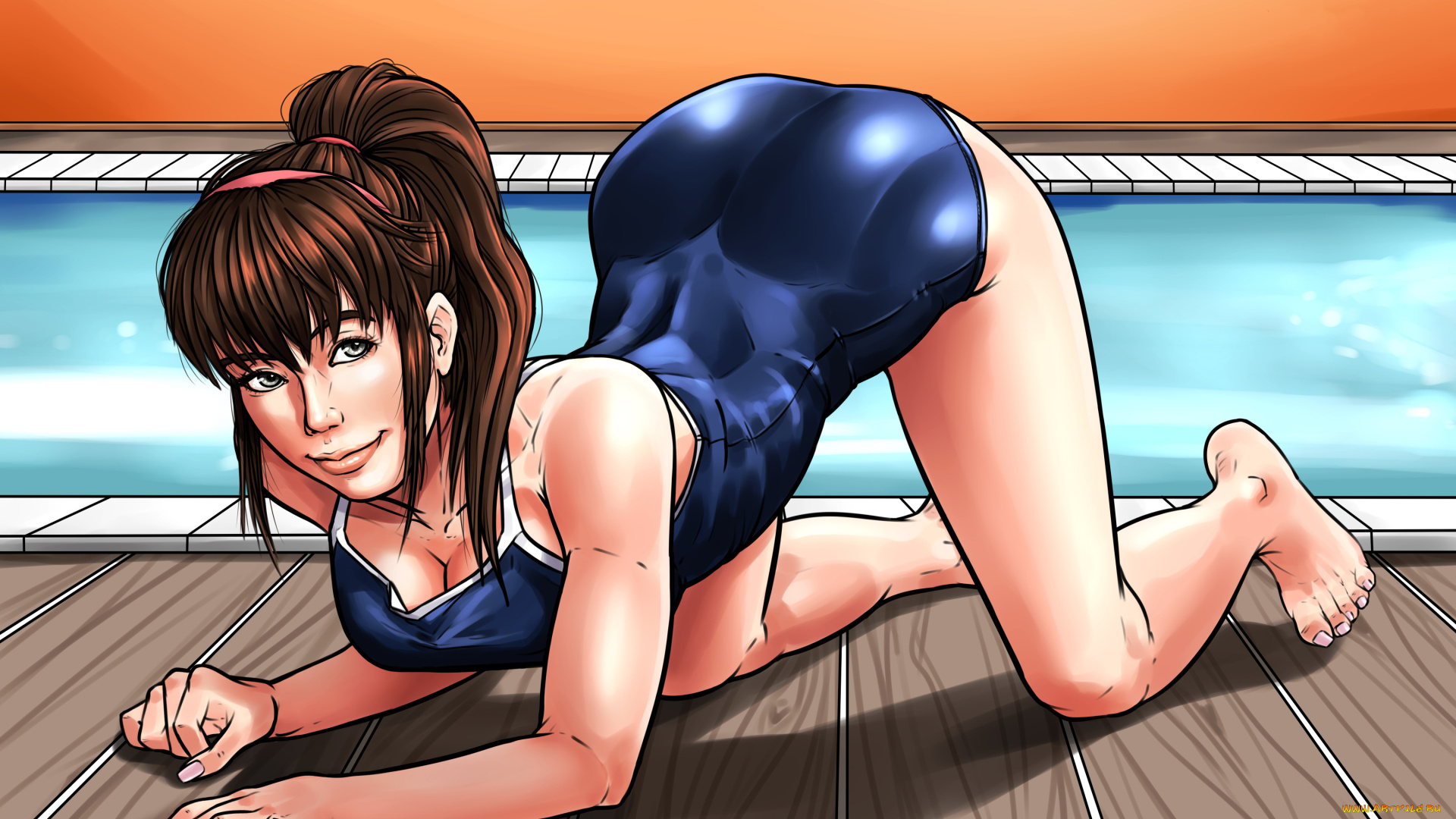 рисованное, люди, девушка, фон, взгляд, бассейн