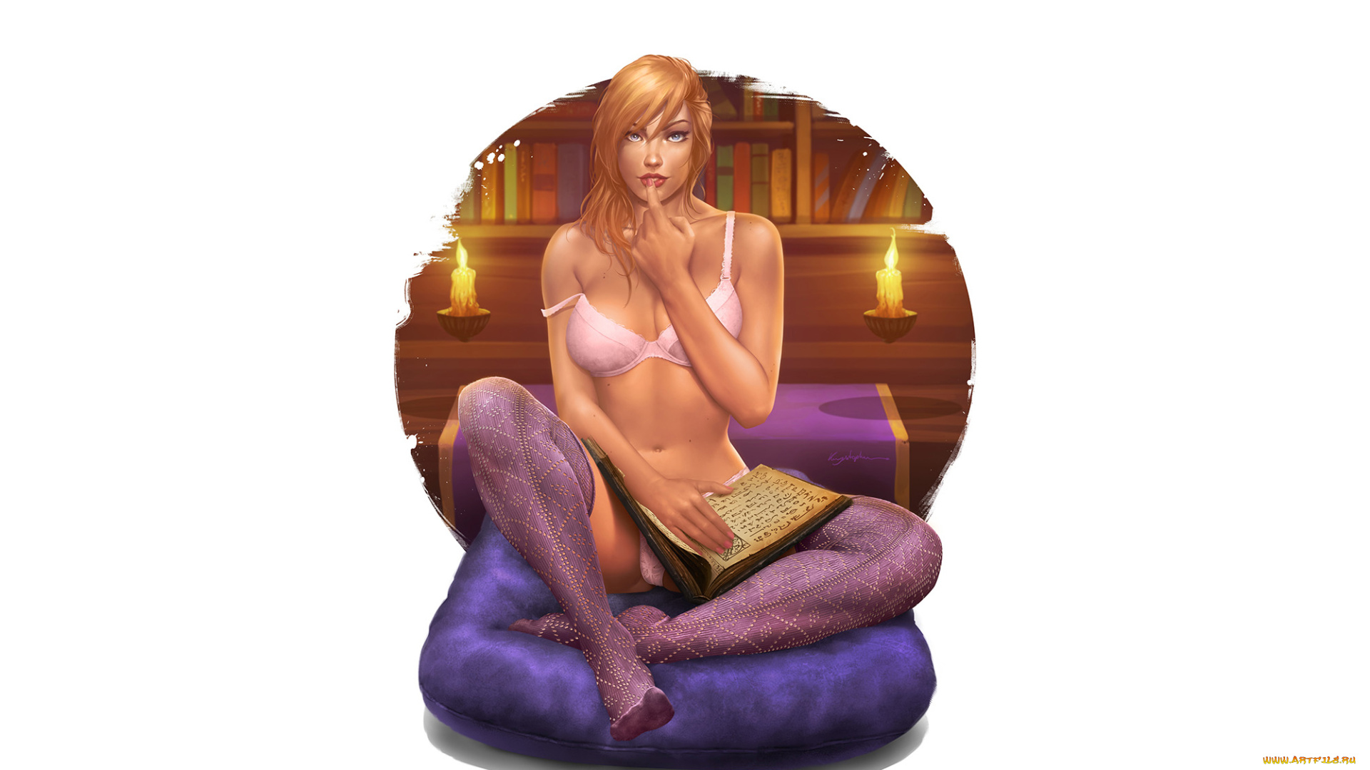 рисованное, люди, девушка, фон, взгляд, чулки, книга