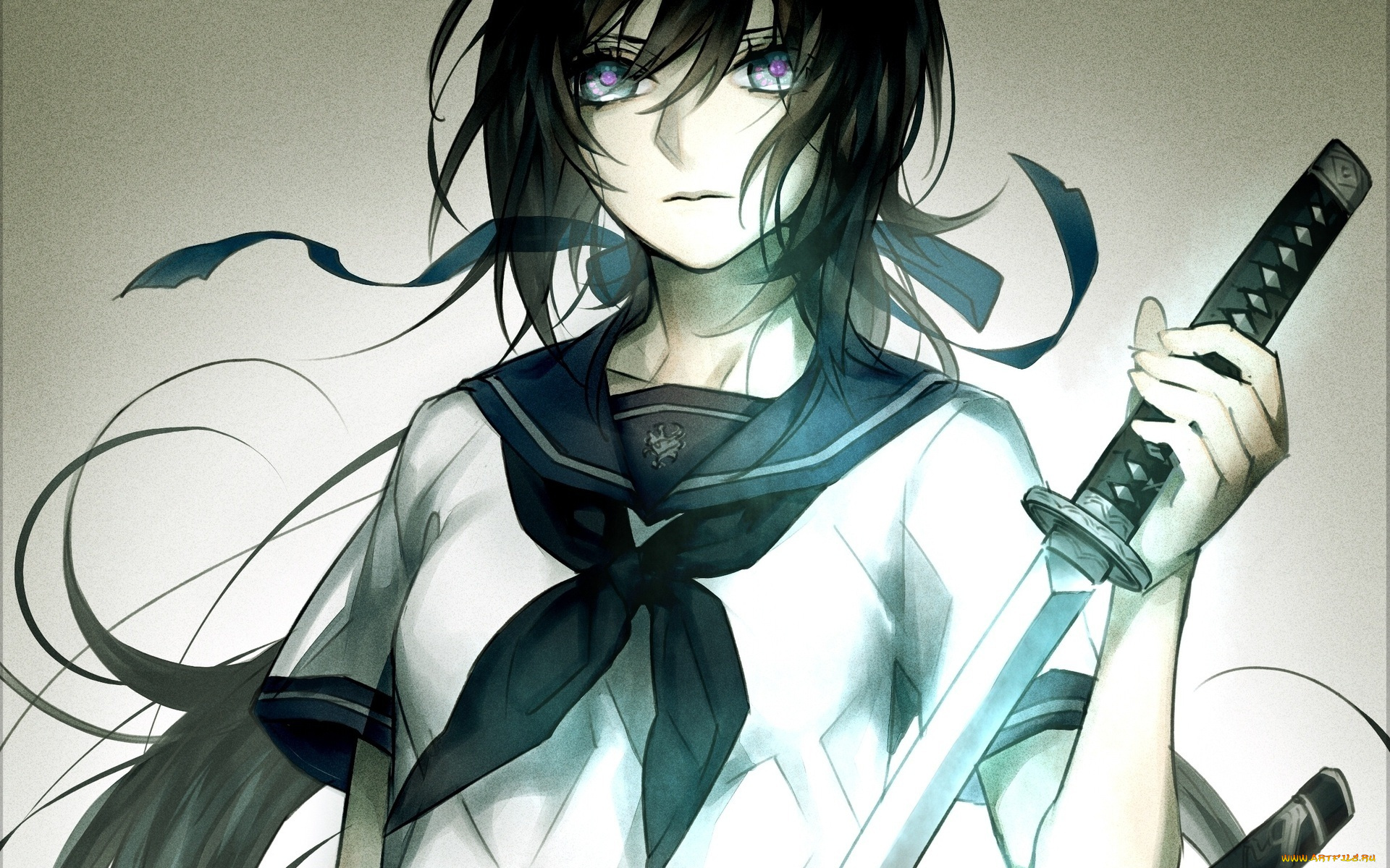 аниме, оружие, , техника, , технологии, воротник, галстук, катана, костюм, лента, девушка