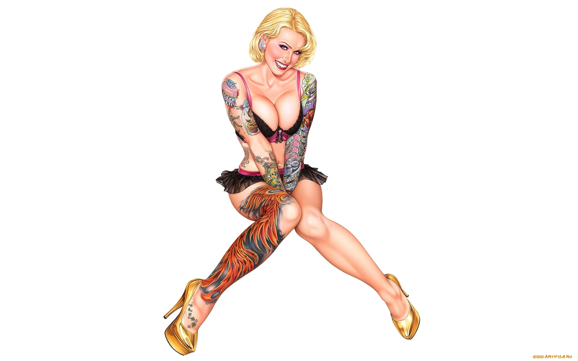 рисованное, люди, улыбка, каблуки, белье, тату, блондинка, девушка