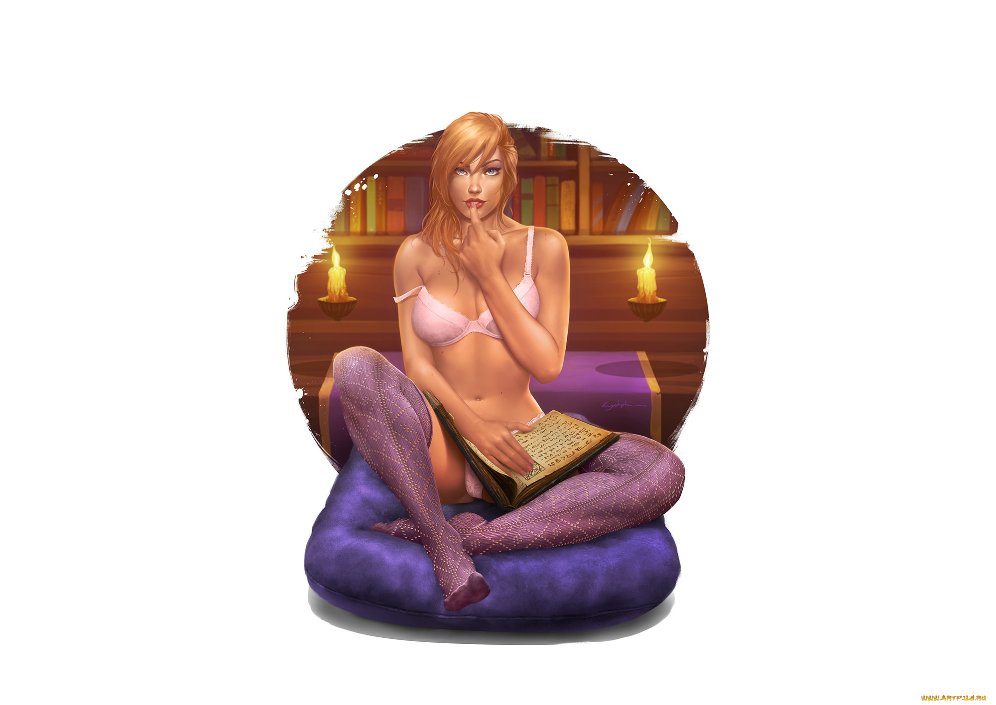 рисованное, люди, девушка, фон, взгляд, чулки, книга