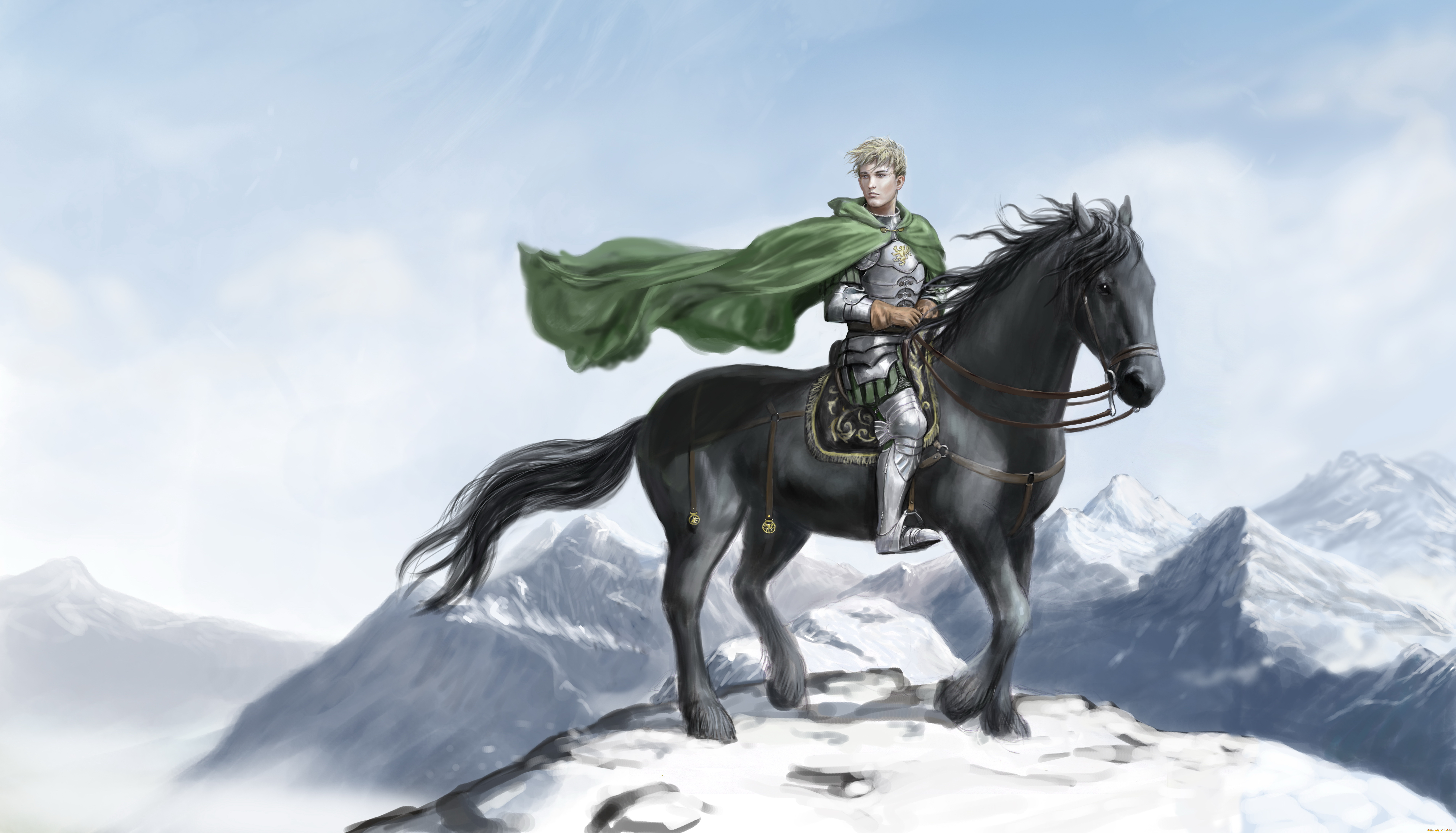 фэнтези, люди, латы, фон, мужчина, плащ, конь