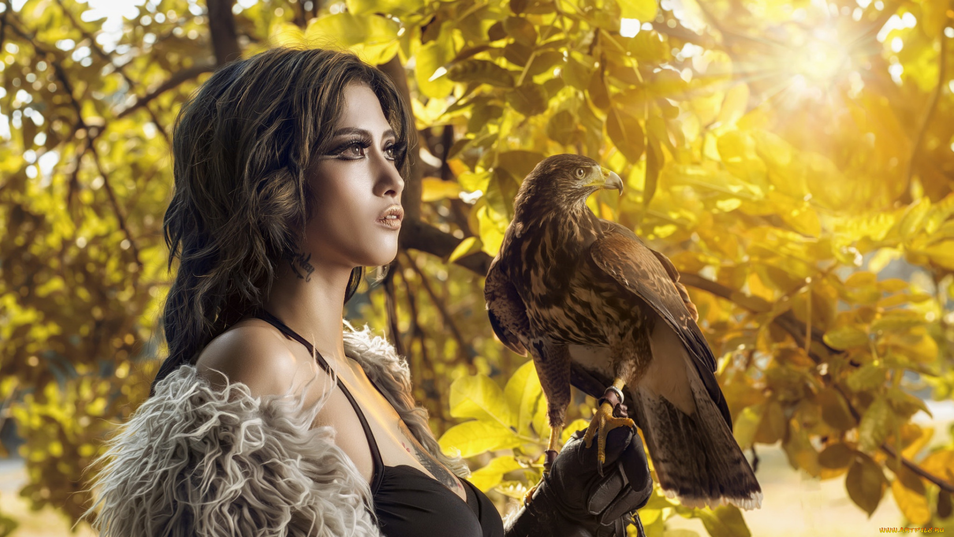 девушки, -unsort, , азиатки, птица, девушка, осень