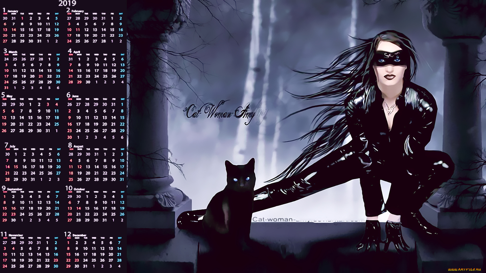календари, фэнтези, девушка, кошка