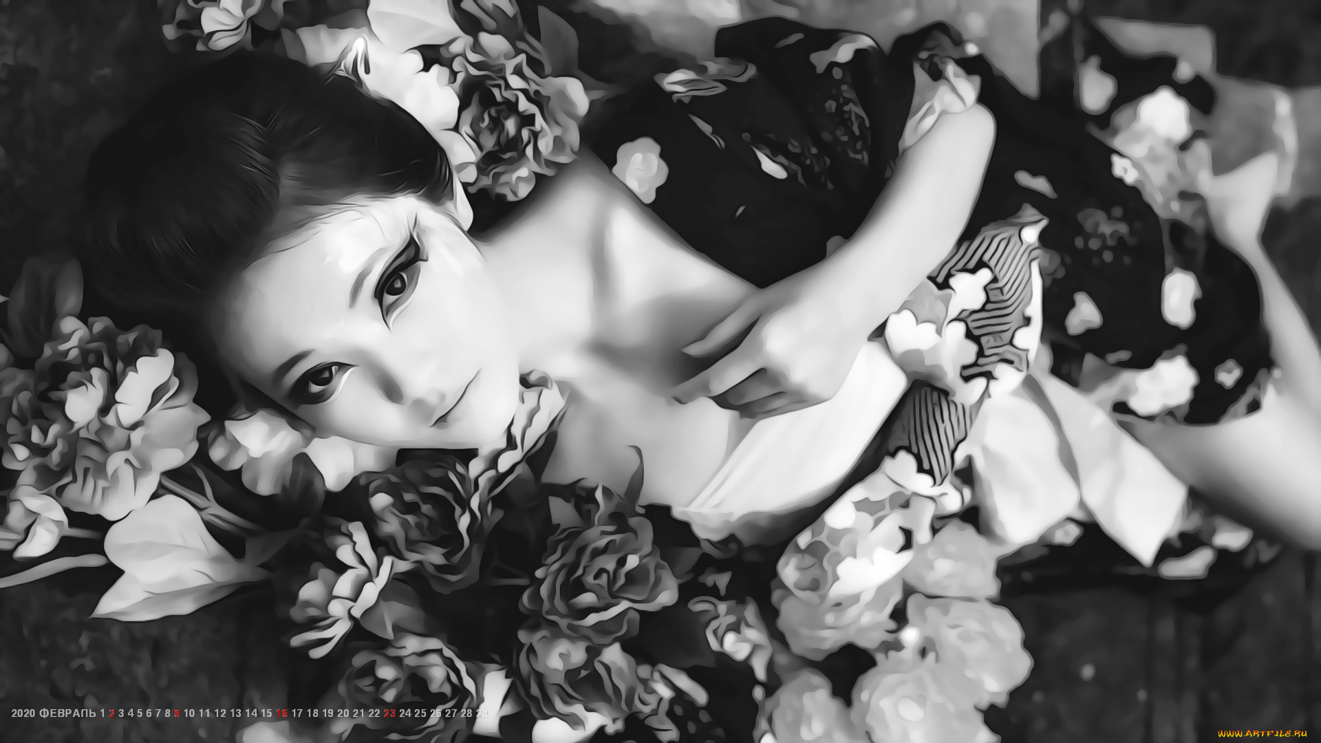 календари, компьютерный, дизайн, женщина, азиатка, 2020, calendar, девушка, взгляд, макияж, цветы
