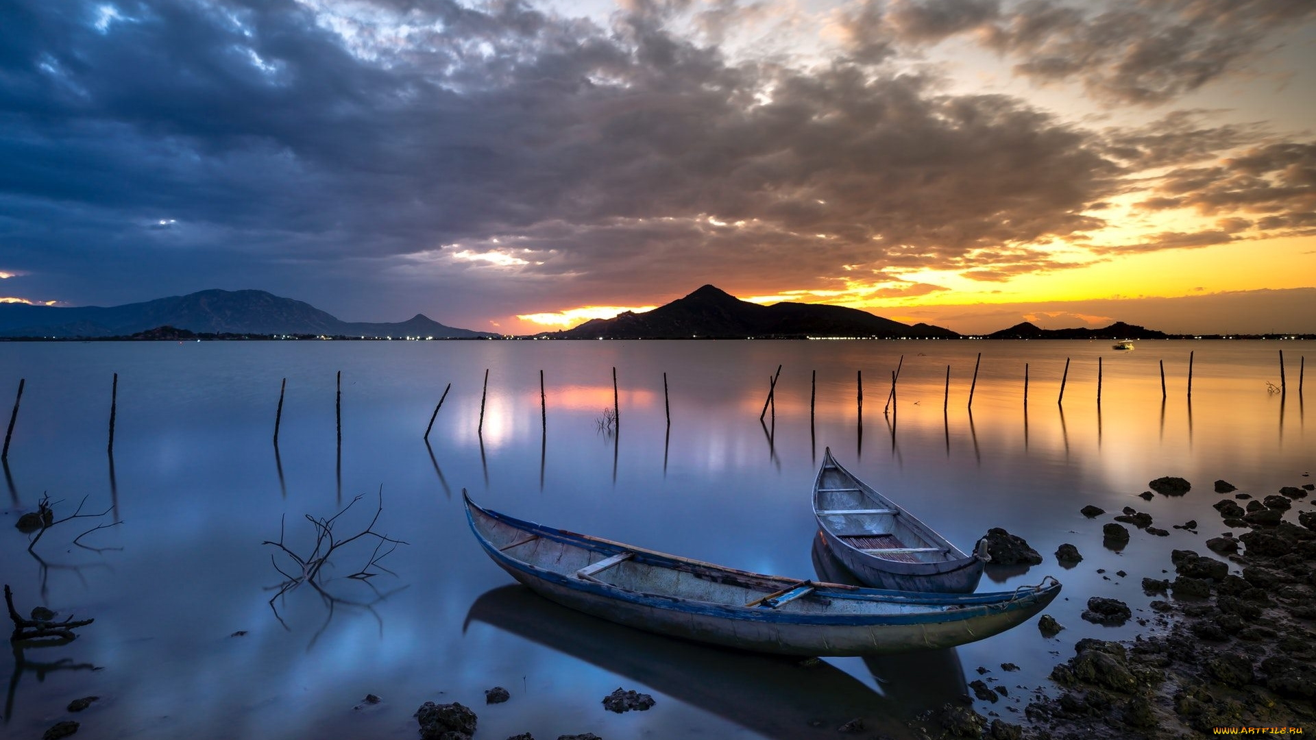 корабли, лодки, , шлюпки, закат, горы