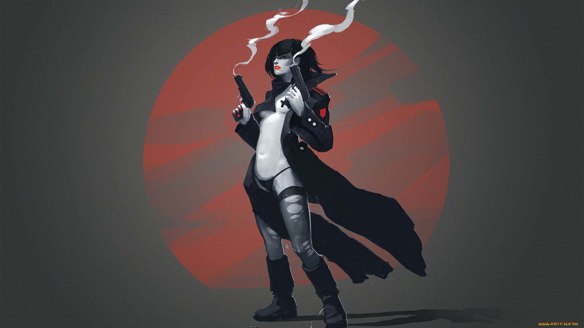 рисованное, комиксы, девушка, фон, пистолет