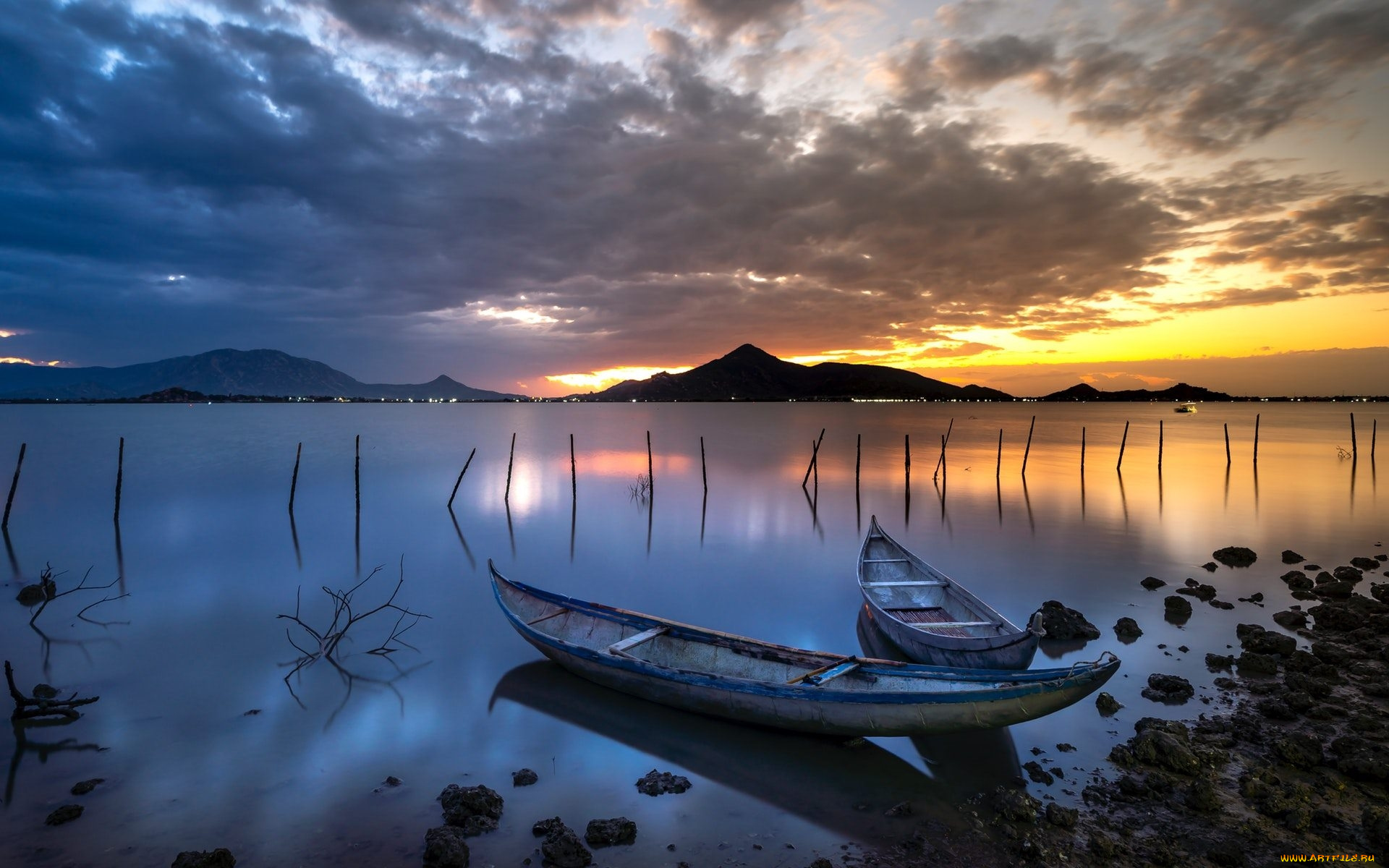 корабли, лодки, , шлюпки, закат, горы