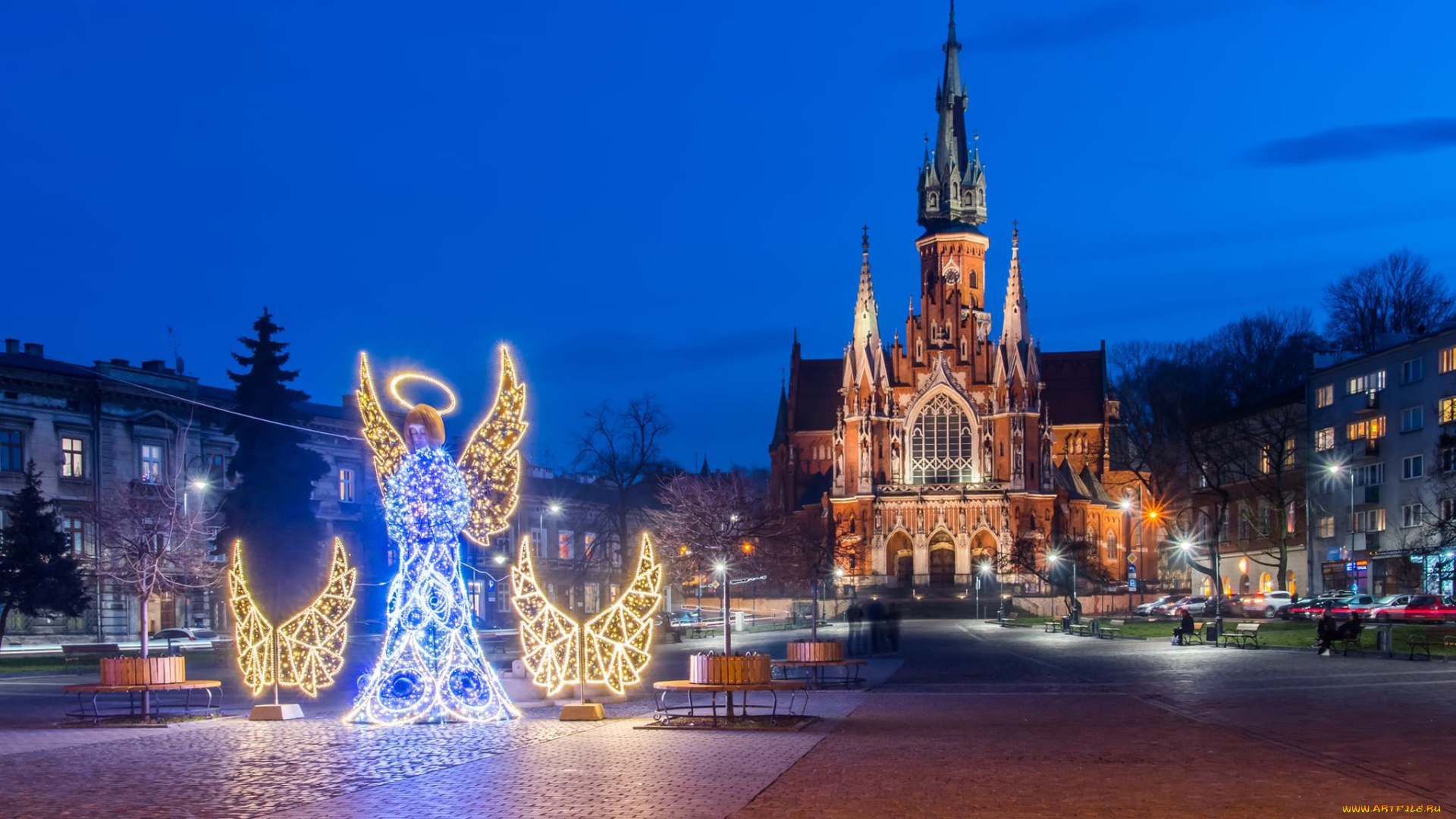 города, краков, , польша, площадь, костел