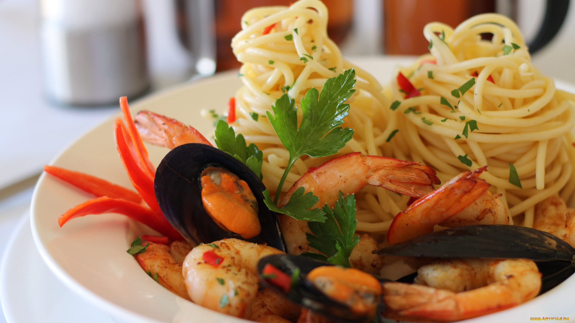 еда, рыбные, блюда, , с, морепродуктами, мидии, креветки, спагетти