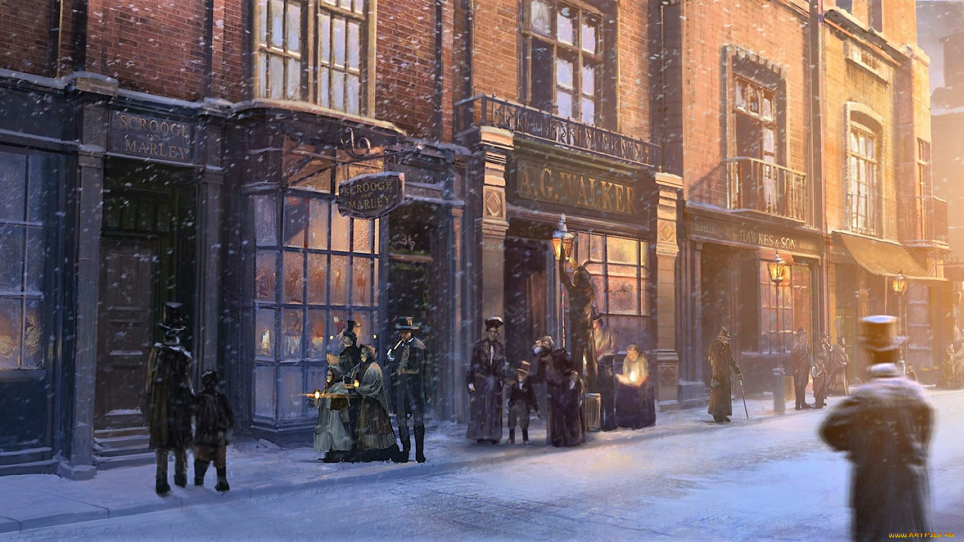 рисованное, города, люди, город, дома, снег, улица, зима